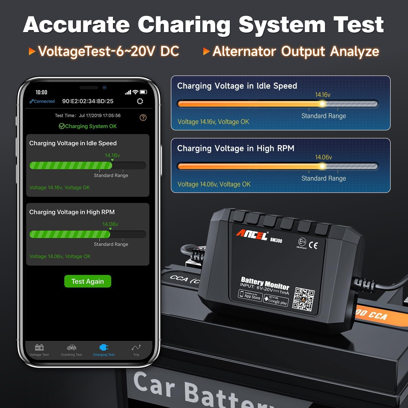 ANCEL BM300 12V Battery Monitor - Bluetooth 4.0 Automotive Voltmeter with Charging, Cranking System Test & Alarm - Compatible for Solar Power Systems, RVs, Motorcycles, Boats, Cars, and Trucks