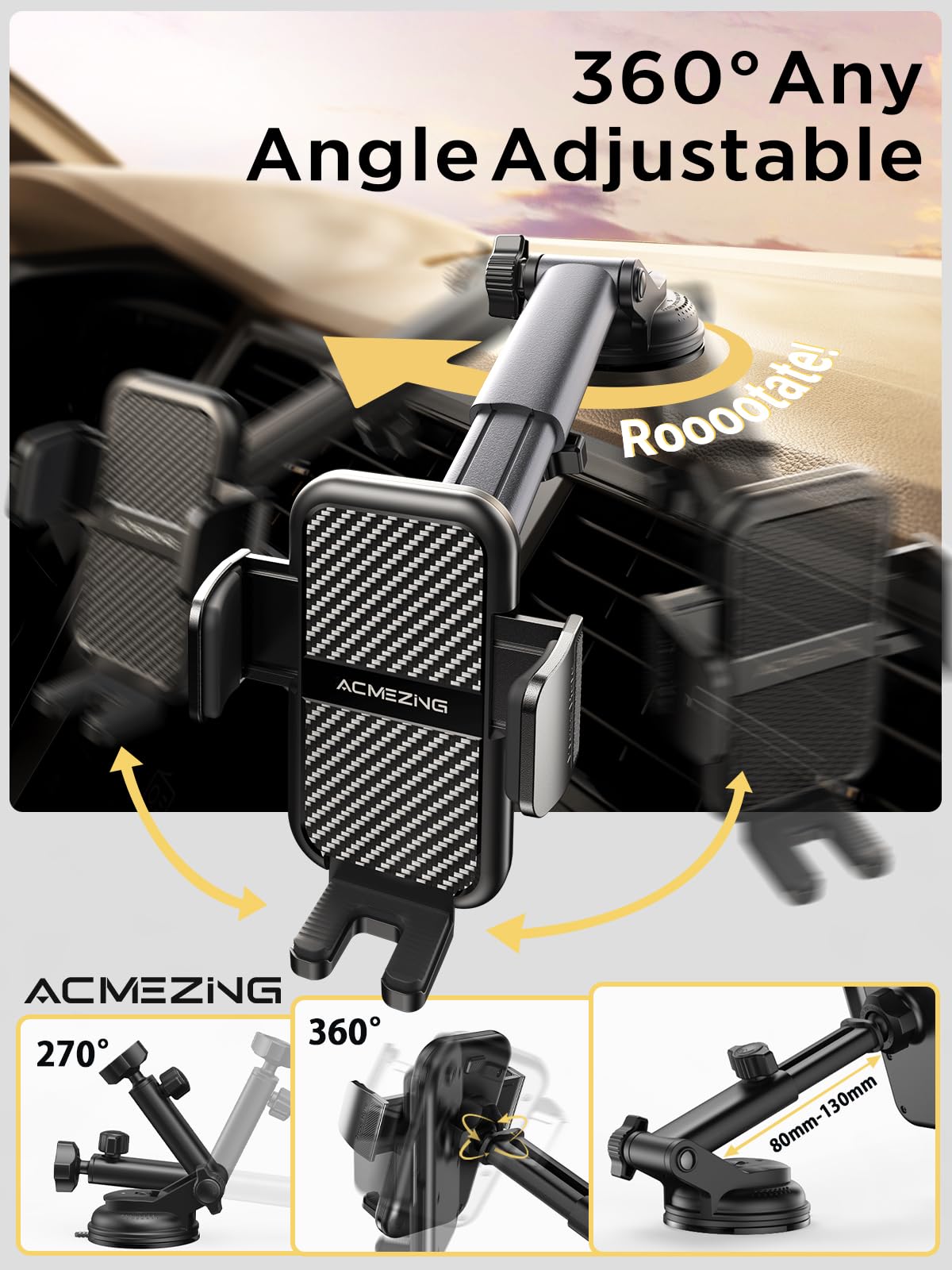 ACMEZING 3-in-1 Car Phone Holder Mount [Extreme Terrain Stability] Dashboard Windshield Air Vent [Double Metal Hook] Cell Phone Holders for Your Car for iPhone Samsung All Smartphones & All Car Model