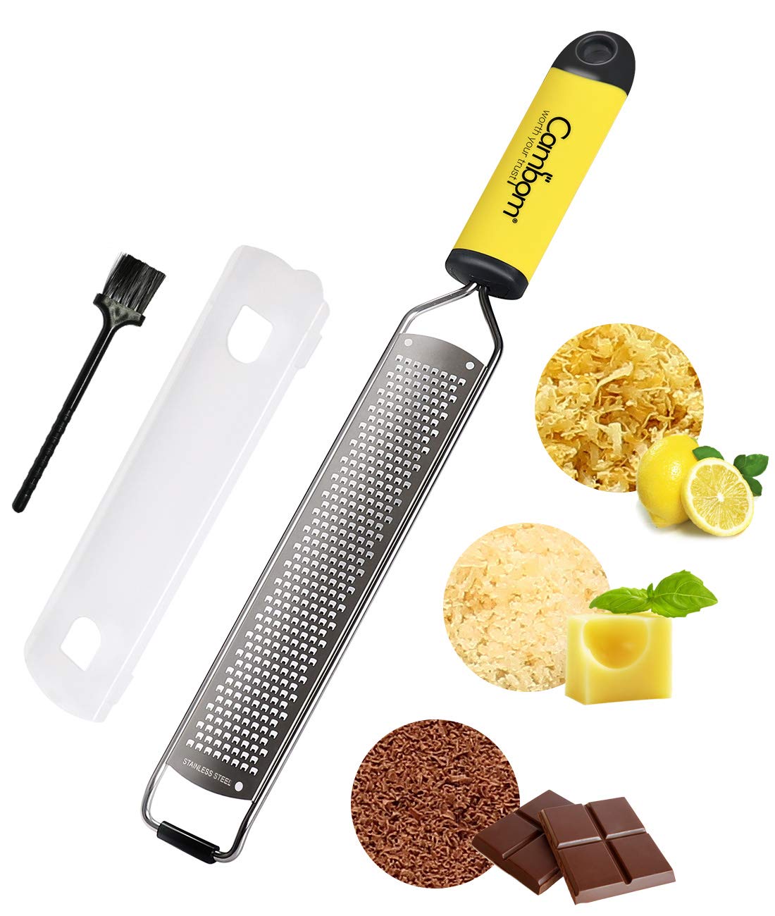 Cambom Zester Grater Cheese Grater - 2 in 1 Parmesan Cheese, Lemon, Chocolate, Ginger, Garlic, Nutmeg, Vegetables, Fruits - Non-Slip Handle Yellow