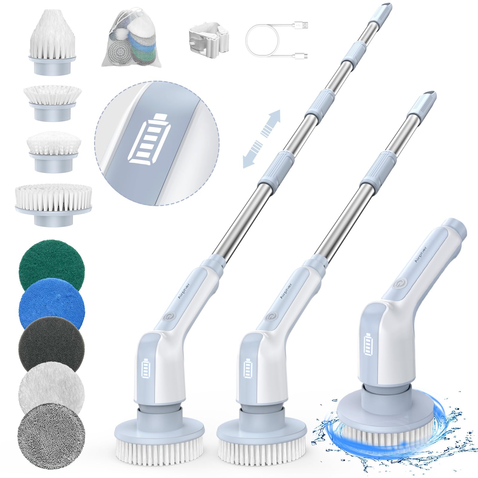 Airpher Electric Spin Scrubber, 2024 Upgraded IPX8 Cordless Cleaning Brush with 9 Replaceable Brush Heads, Detachable as Short Handle, Shower Cleaning Scrubber for Bathroom Tub (Gray)