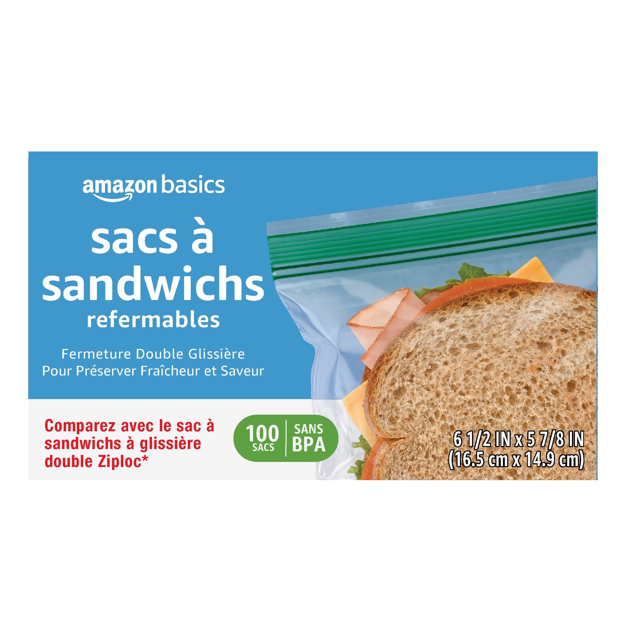 Amazon Basics Reclosable Sandwich Double Zipper Storage Bags, 100 Count, Pack of 1