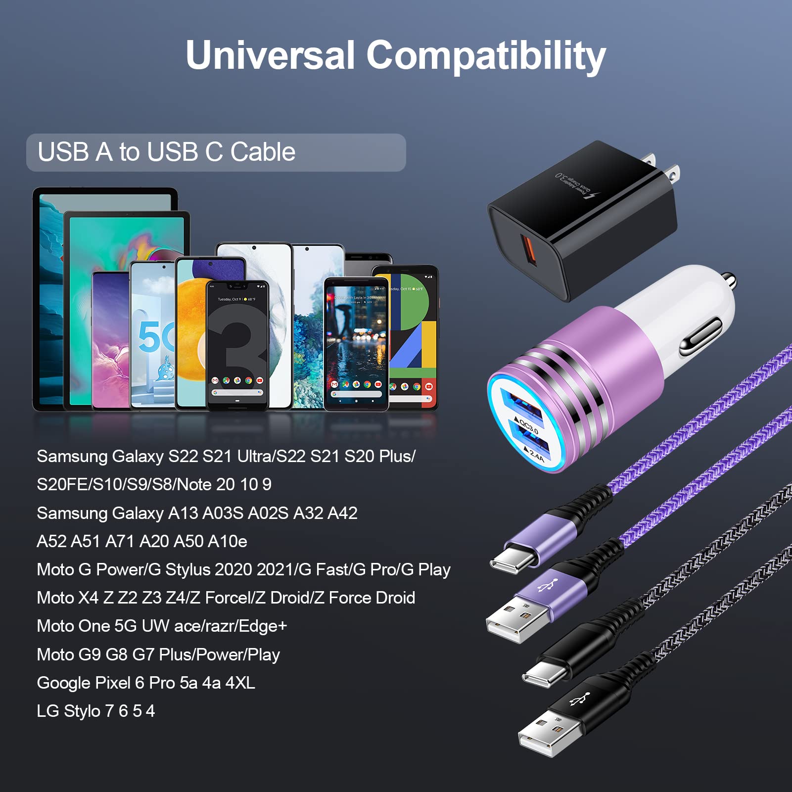 Quick Charge 3.0 Wall Charger Block C Charger Cable Android Phone Charger Cord C Type with Car Plug Fast Charging for Samsung Galaxy A06 A55 A35 5G A15 S24 Ultra S23 Plus S23FE A54 A14 A13 A53 A03S