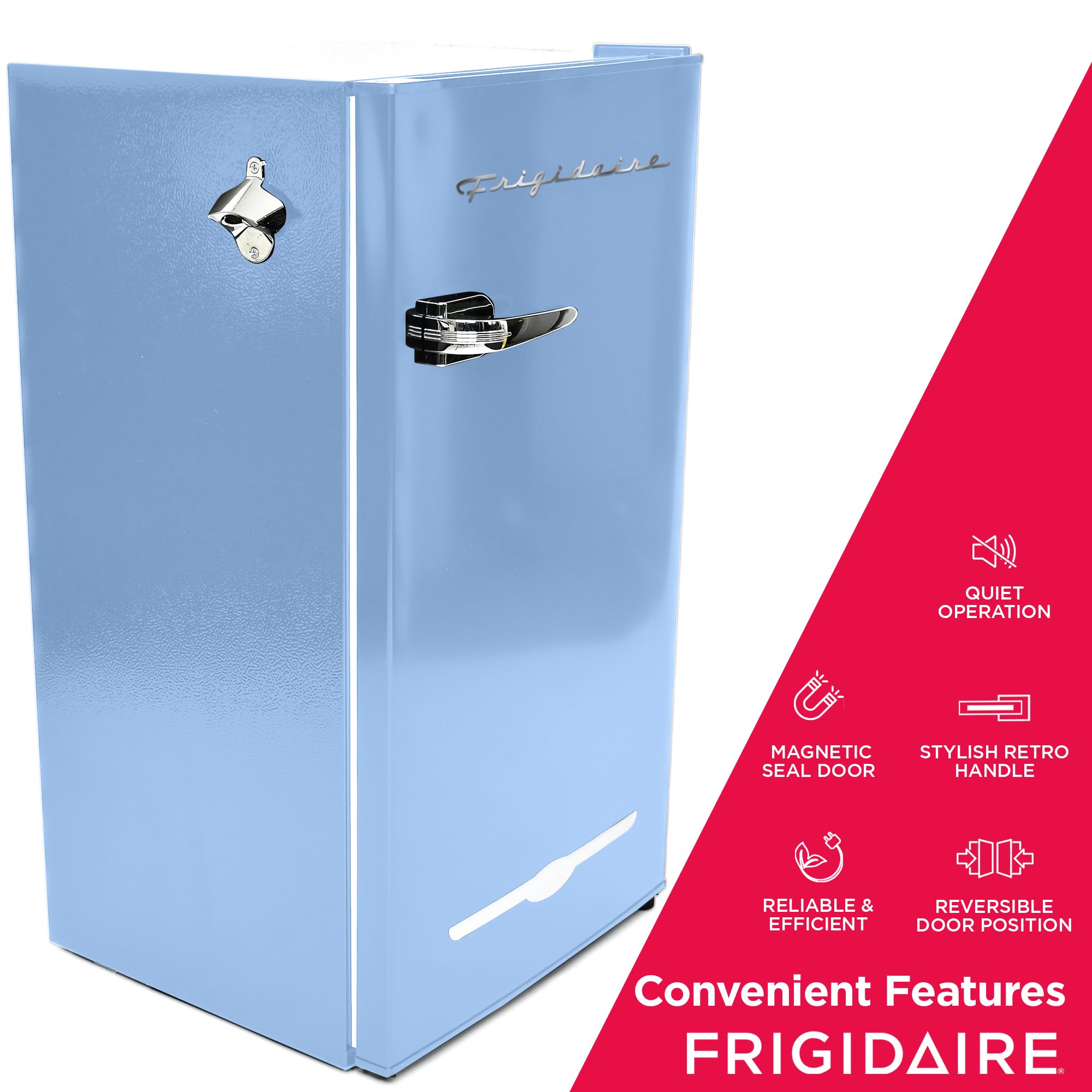 Frigidaire Retro Compact Fridge with Chiller, 3.2 cu ft Countertop Fridge with Built-In Bottle Opener, Compact Refrigerator for Office, Bedroom, Dorm Room or Cabin - 16.5"D x 19"W x 31"H (Blue)