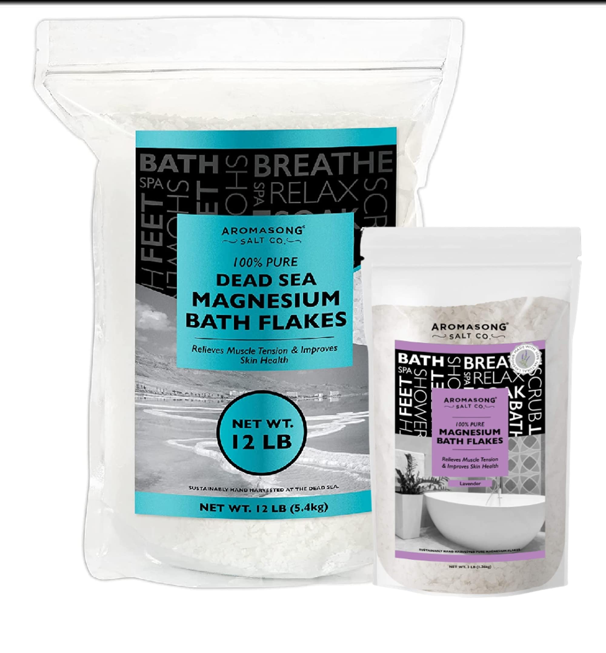 Aromasong Magnesium Flakes from The Dead Sea, 12 LB Resealable Pack with 3 LB Magnesium Flakes with 100% Natural Lavender for Leg Discomfort, Stress and Headaches