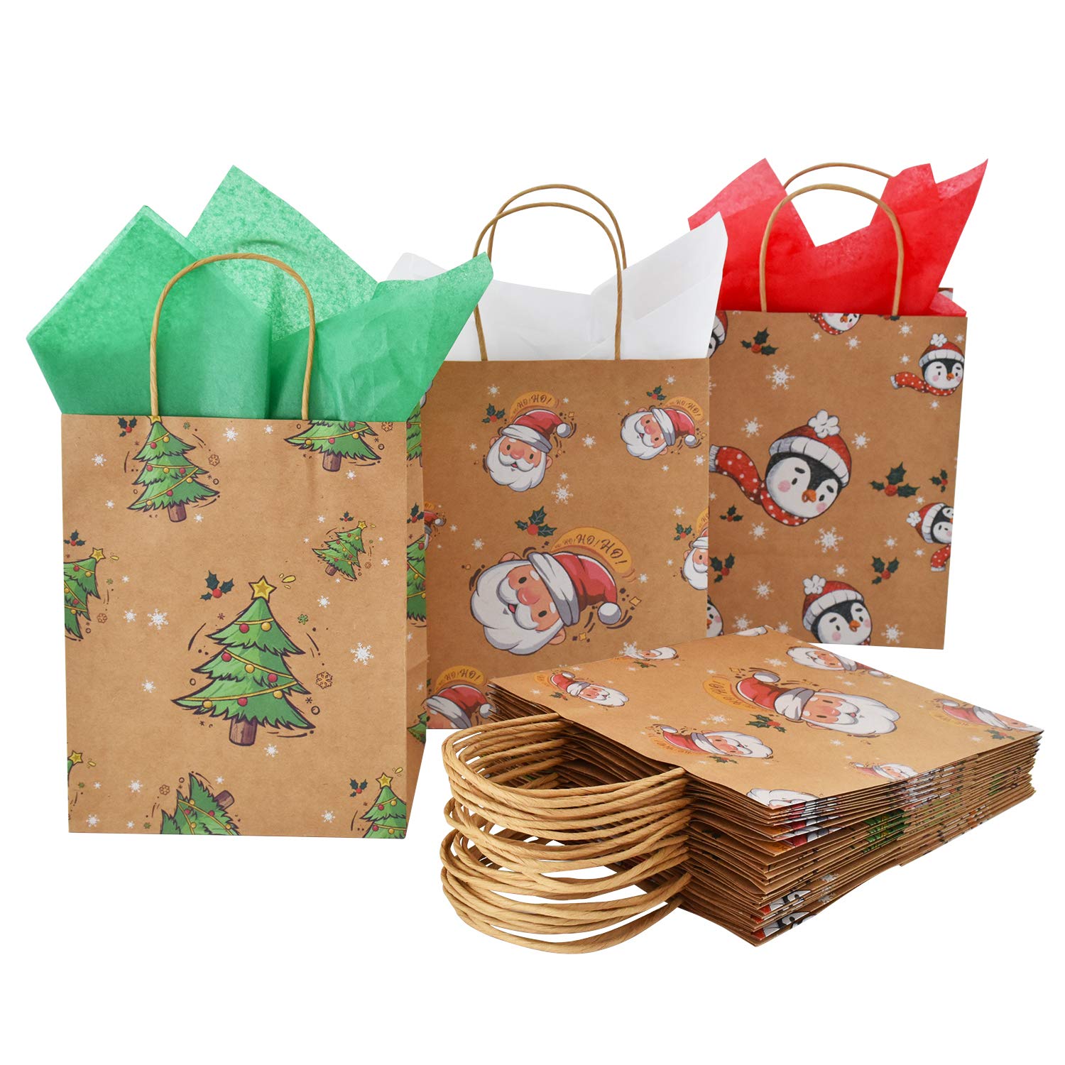 Gatherfun Christmas Colorful Kraft Paper Gift Bags with handles and Tissue Paper for Merry Christmas Party Decorations，3 Designs, 15 Pack, 8X5.3X10inch