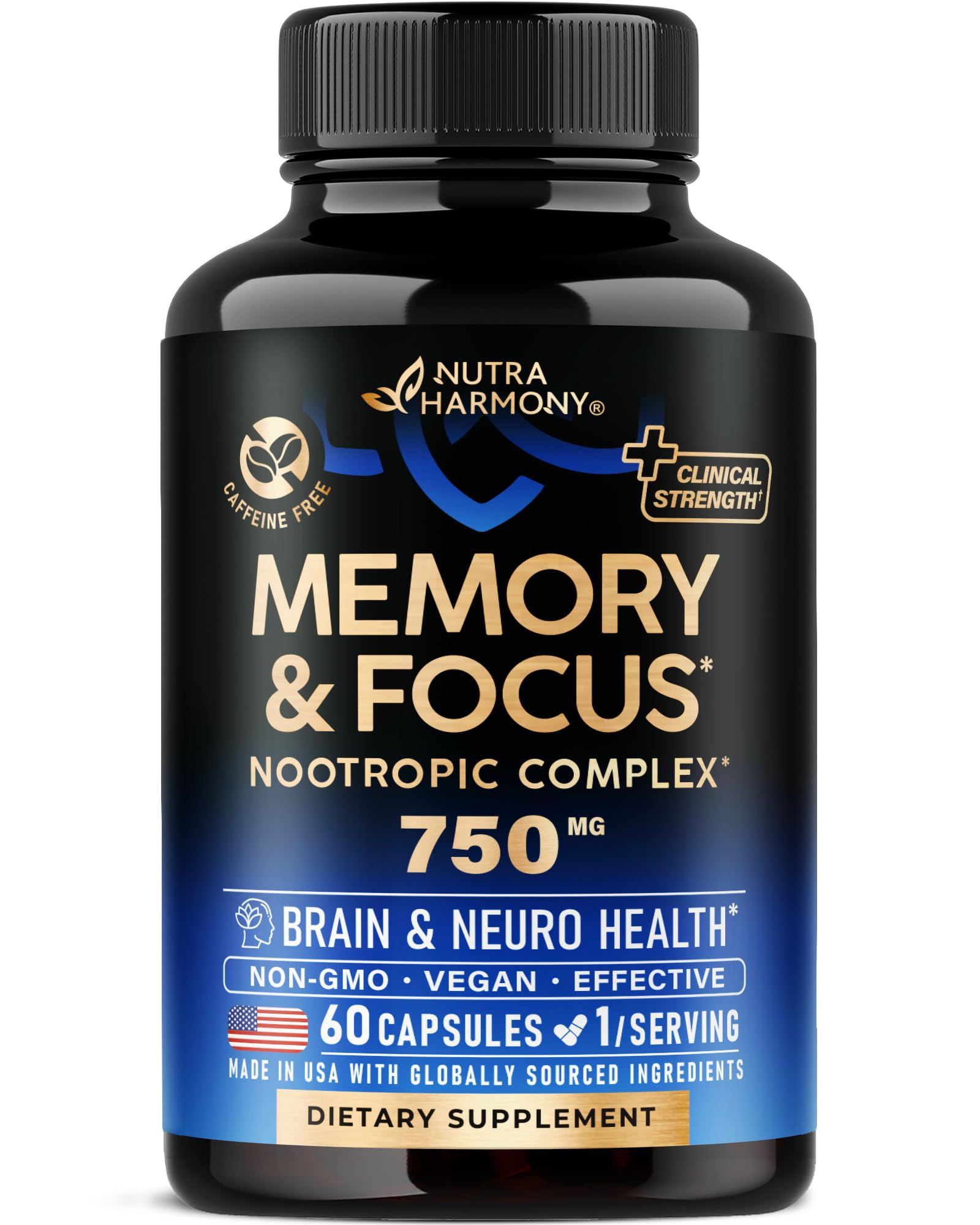 Brain Supplement for Memory & Focus 750 mg - Magnesium | L-Theanine | Bacopa Monnieri | Ginkgo Biloba | Lions Mane - 12in1 Nootropic Complex for Neuro Health - Caffeine-free - Made in USA, 60 Capsules