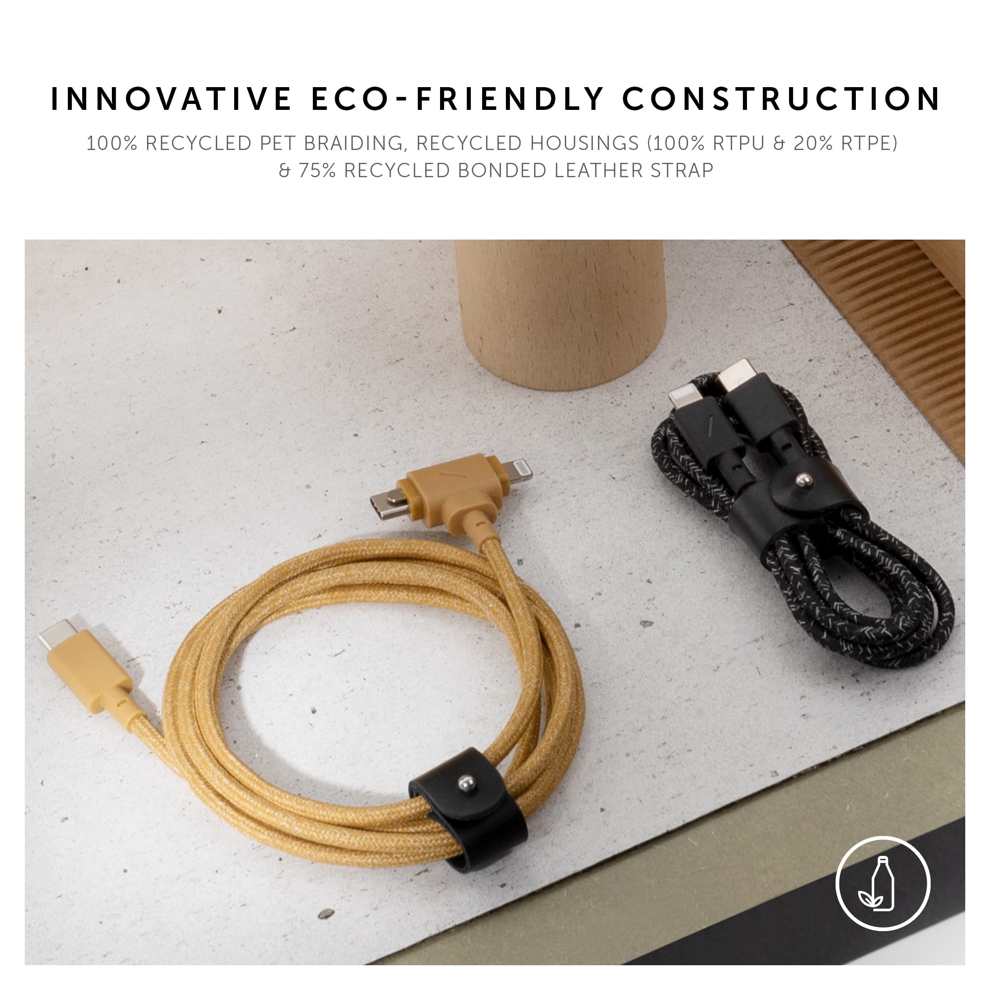 Native Union Belt Cable Duo – 5ft Ultra-Strong Braided Universal Charging Cable – Made with Recycled Materials – 2-in-1 Multi-Device MFi Certified Connectors for Lightning & Type-C Devices (Zebra)