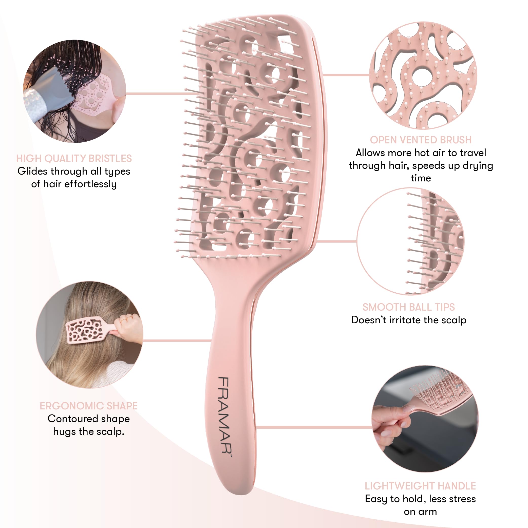 FRAMAR Champagne Vented Hair Brush - Paddle Curved Brush for Blow Drying, Wet Detangling for Women, All Hair Types, Heat Resistant