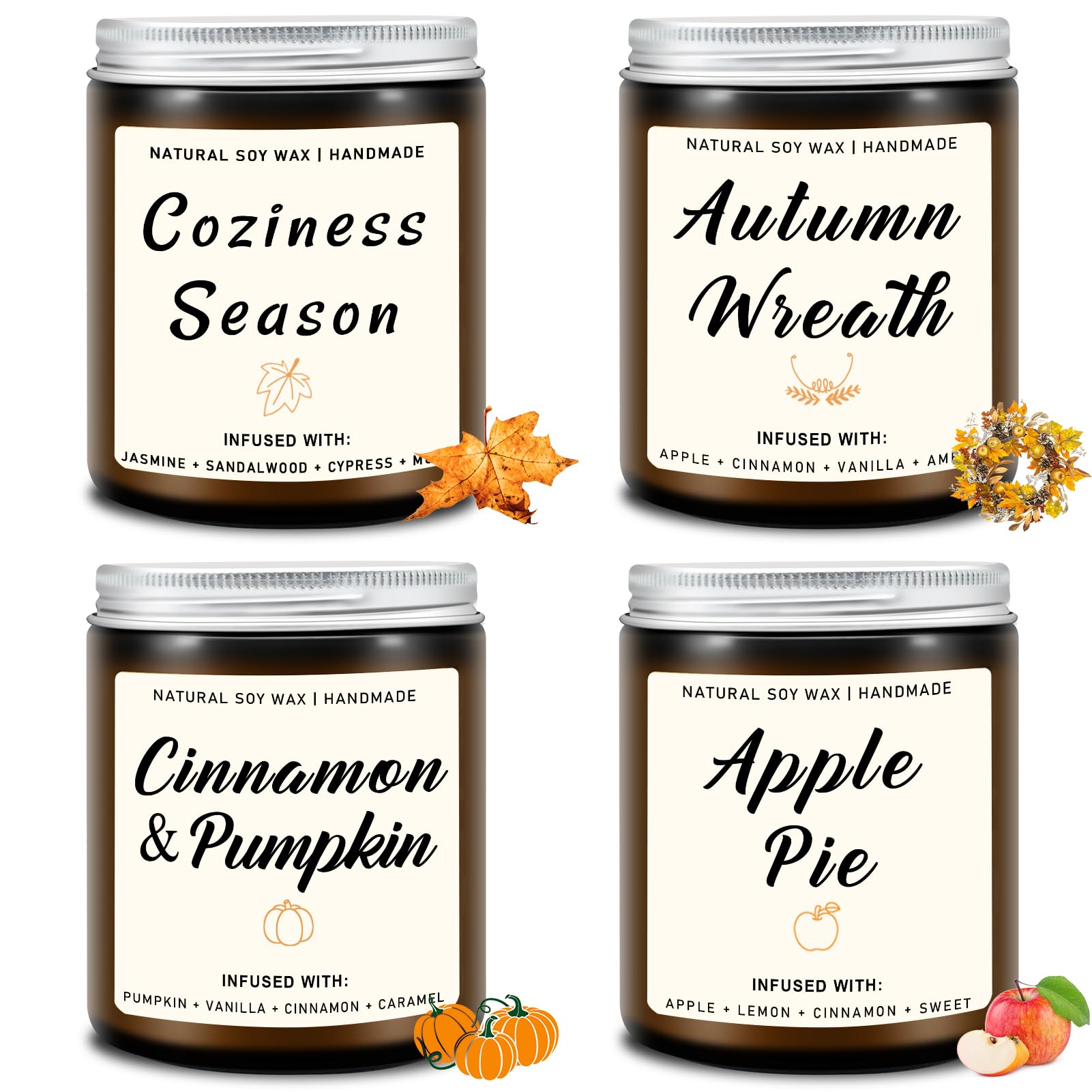 Homsolver Set of 4 Fall Scented Candles, Home Fall Decor, Fall Candles Gifts for Women Men - Apple Pie/Autumn Wreath/Cozy Season/Cinnamon Pumpkin Scented Candles for Autumn Fall