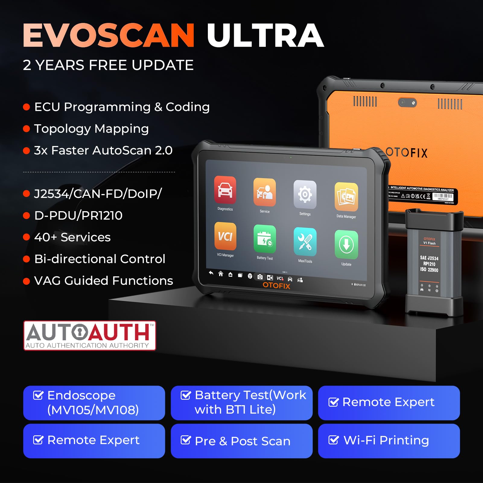 OTOFIX EvoScan Ultra Car Scanner [2-Year Free Updates],2024 Newest Diagnostic Tool with Intelligent Topology 2.0,J2534 ECU Programming,ECU Coding,Bi-Directional,40+ Services,FCA AutoAuth, AutoScan 2.0