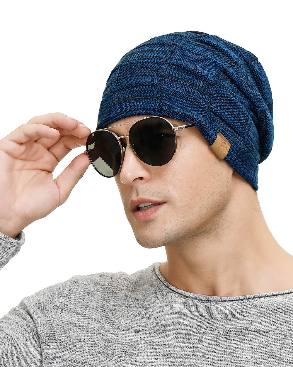 Vgogfly Slouchy Beanie for Men Winter Hats for Guys Cool Beanies Mens Lined Knit Warm Thick Skully Stocking Binie Hat Blue