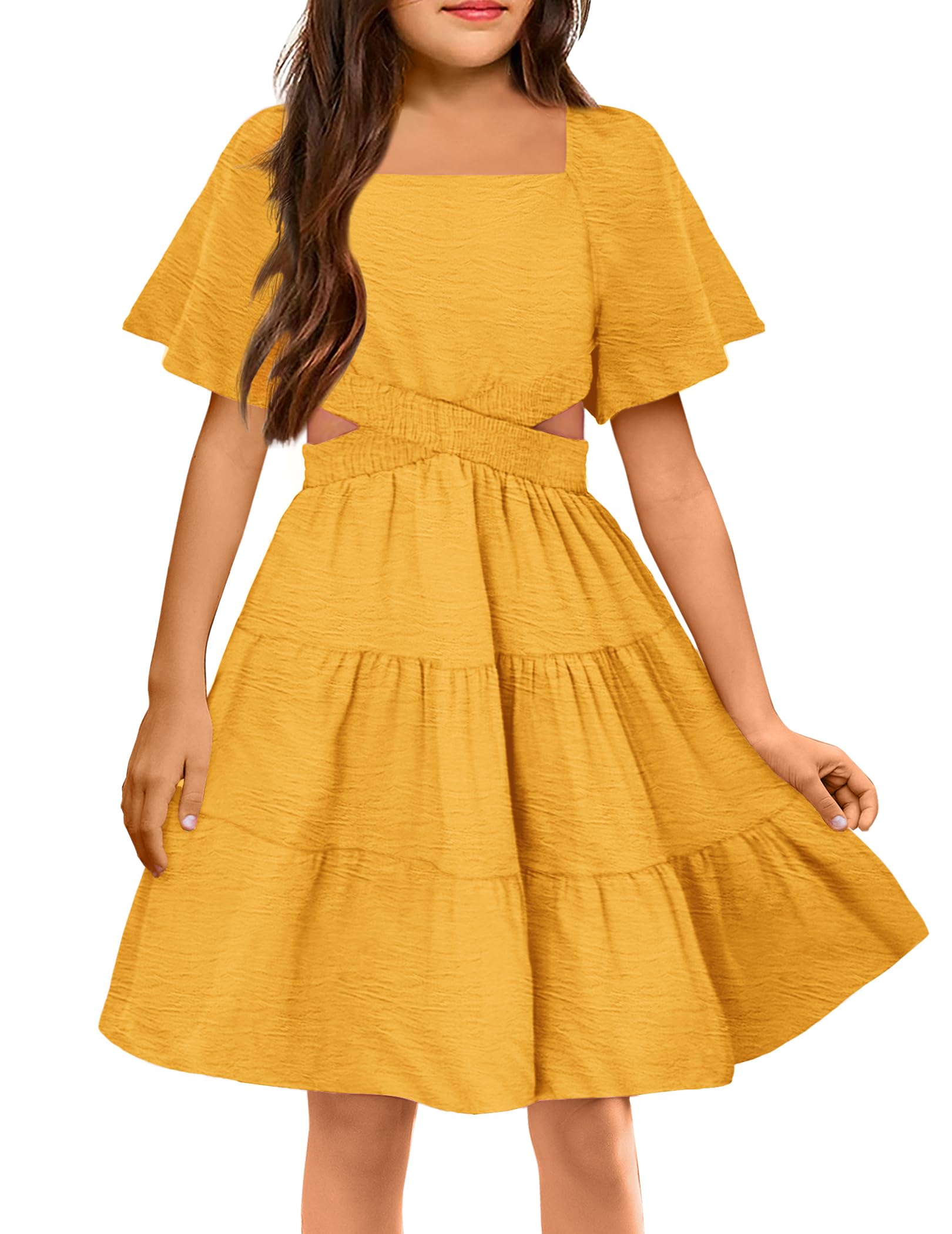 Arshiner Girls Dresses Off Shoulder Cut Out Shirred Tiered Vacation Yellow Spring Dress 13-14