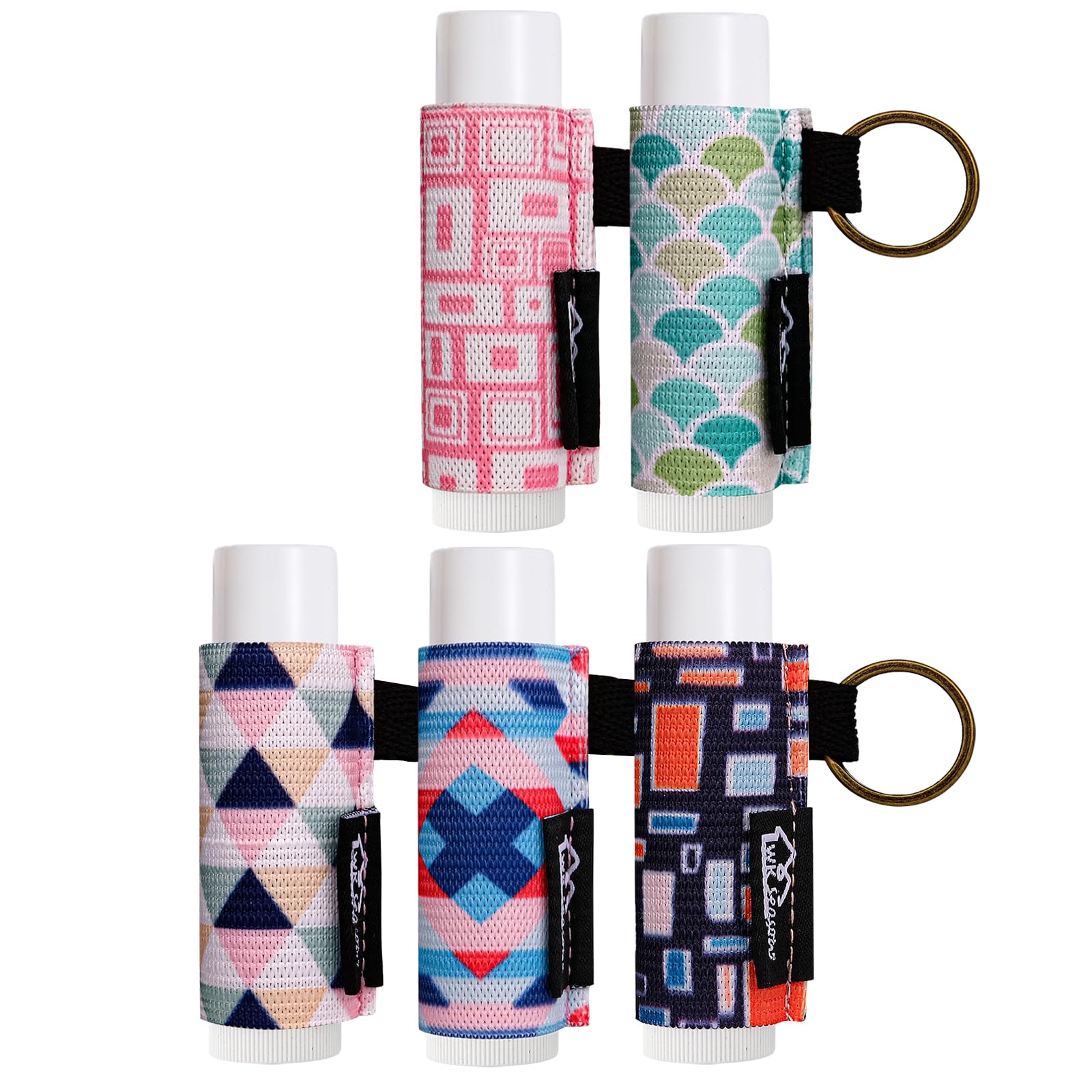 WK IEASON - Lip Balm Holder Keychain Clip On Lipstick Sleeve Chapstick Sleeve Holder Keychain 5PCS(Geometric Combos)