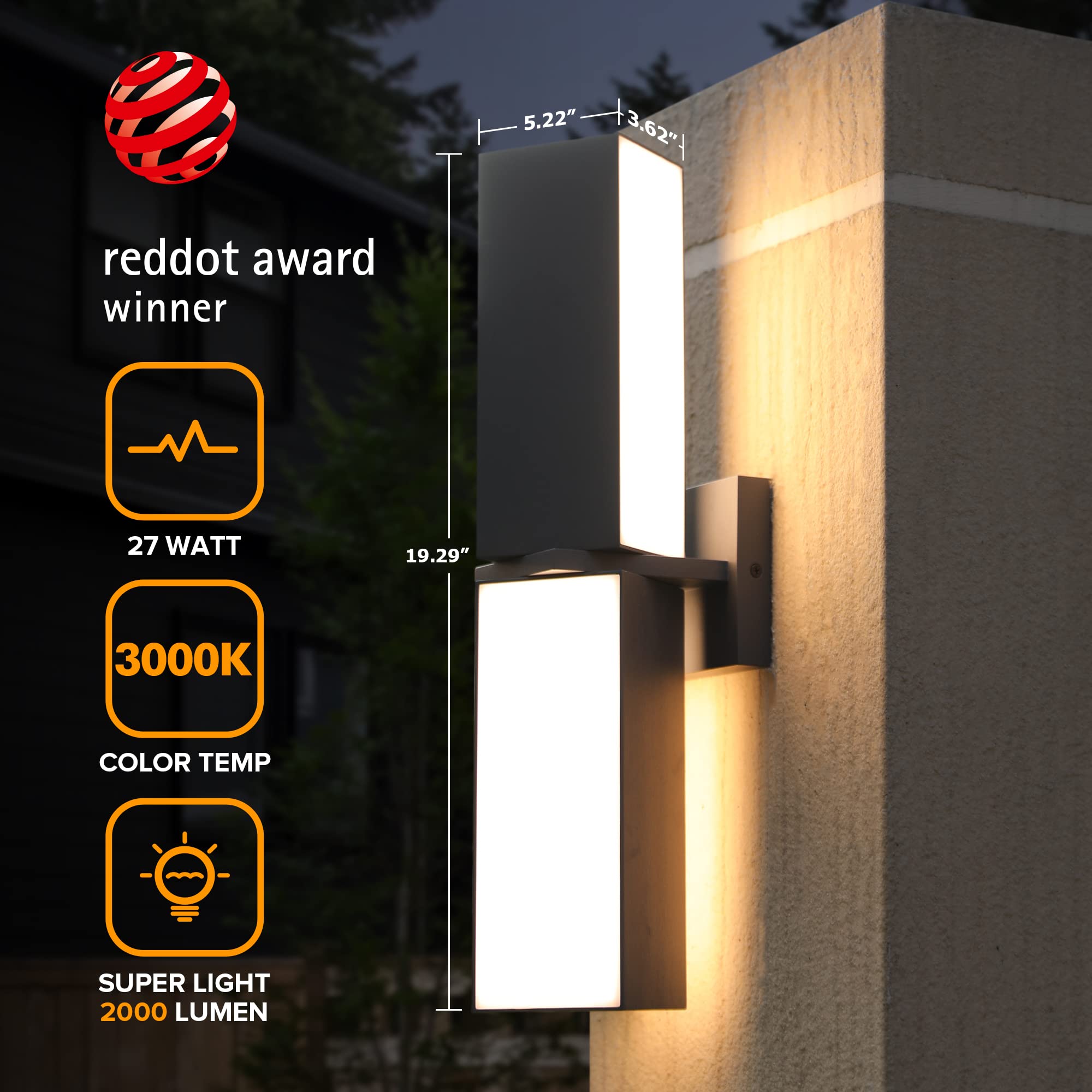 LUTEC Cuba 3000K 2000LM LED Porch Wall Light Outdoor, Modern Exterior Lights Fixture, Waterproof Wall Lamp Sconce Outside for House, Patio, Home, Entryway-Grey