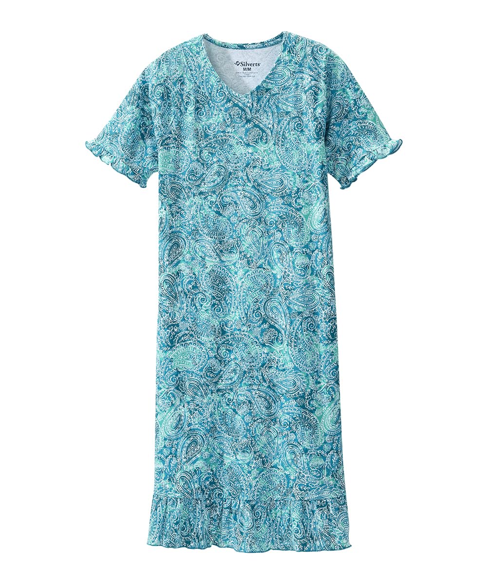 Silverts Women's Open Back Ruffle Hospital Nightgown - Adaptive Gown for Elderly, Seniors, Bedridden, Hospice - Warm Medical Night Robe Pajamas for Pregnancy, Labor Patients - Turquoise Paisley 3XL