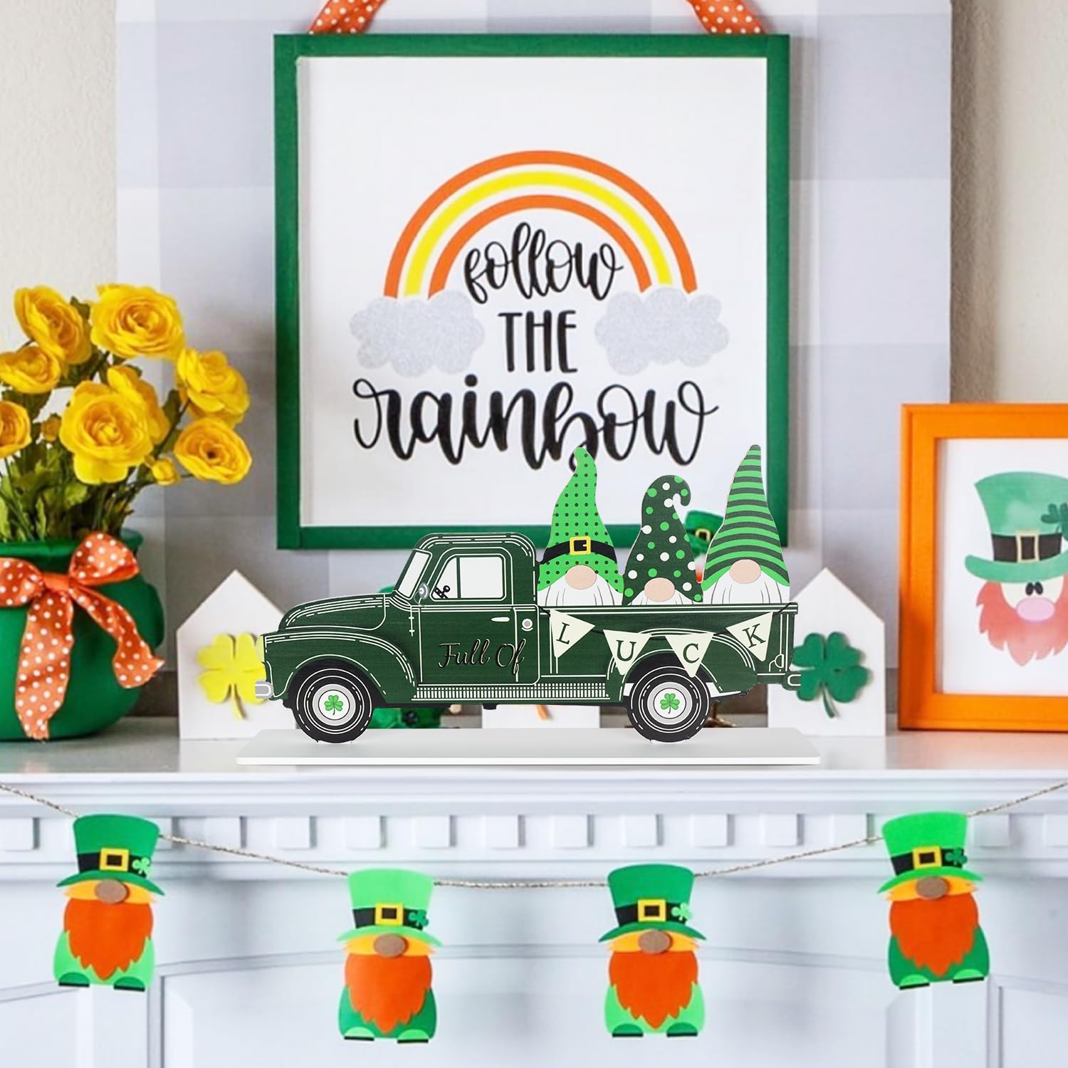 Valentines Day Decorations and St Patricks Day Decorations, Double-sided Festive Truck Wooden Sign, DEWBIN Gnomes Wood Block Valentine Decor, Valentines Day Decorations for the Home, Mantle, Table