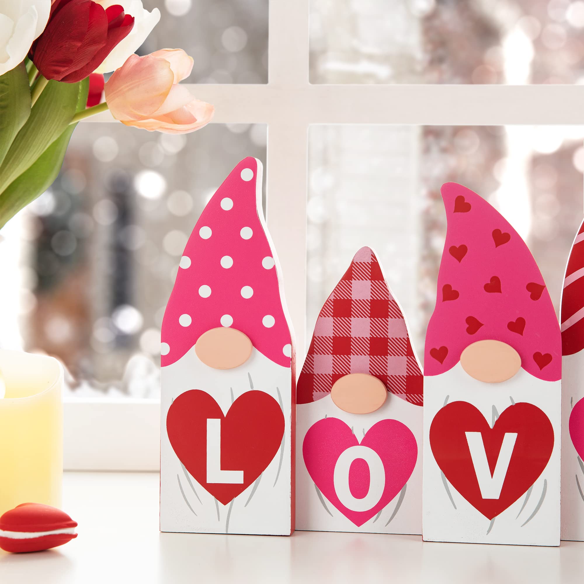 Glitzhome Valentine Gnomes Decorations for Home 9"H Valentines Day Love Gnome Blocks Decor Famhouse Romantic Valentine's Day Gnome Wooden Signs Tabletop Decor for Wedding Anniversary Party Supplies