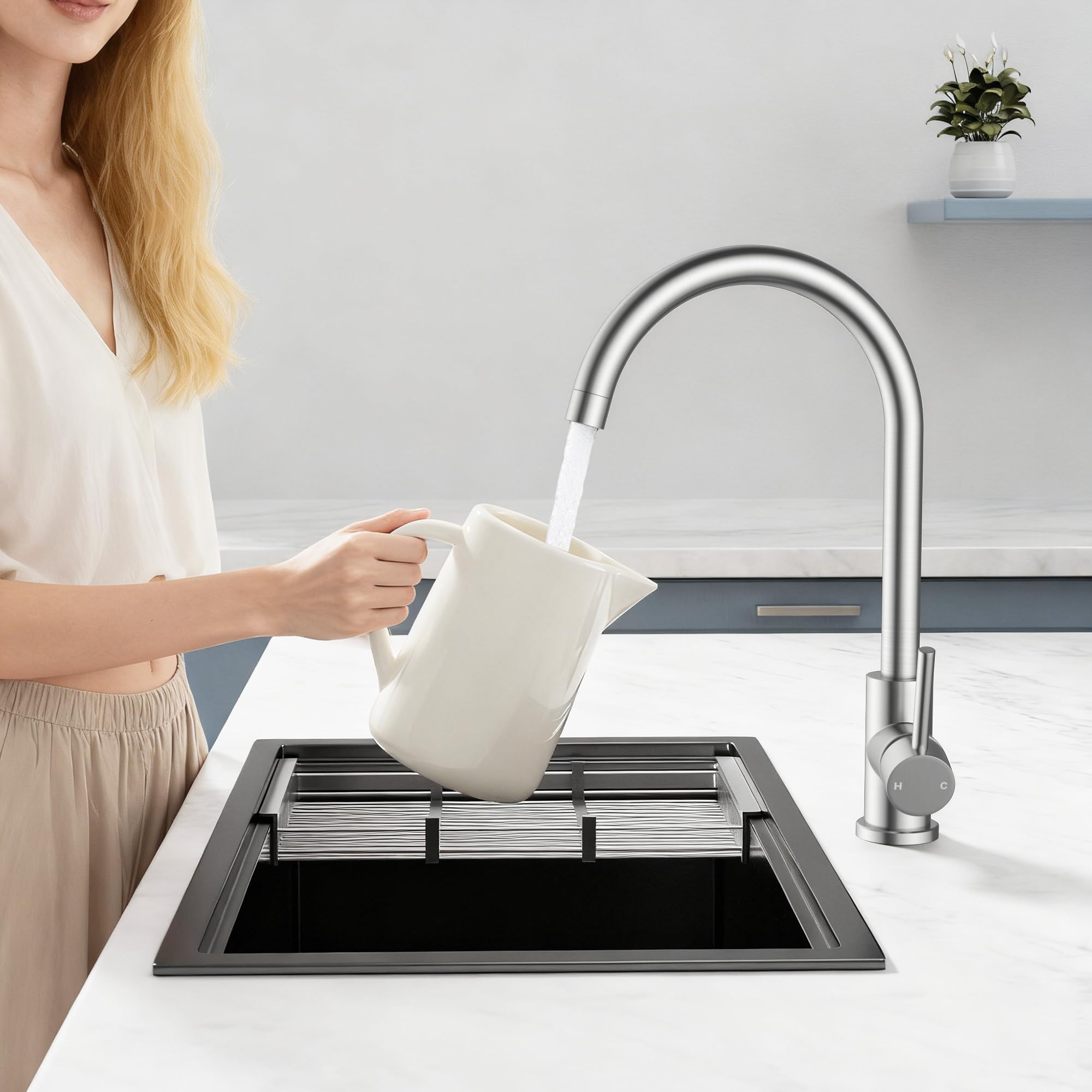 FORIOUS Kitchen Faucet, Brushed Nickel Commercial Modern Single Handle Faucet for Kitchen Sink, Stainless Steel High Arc with Deck Plate for 1 or 3 Hole, Suitable for Bar RV Camper Outdoor