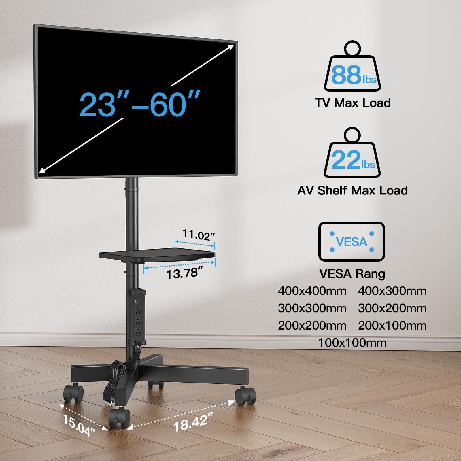 HUANUO Rolling TV Stand with Power Outlet, Mobile TV Stand for 23-60 Inch Flat/Curved LED/LCD/OLED TVs up to 88 lbs, TV Cart Height Adjustable Portable TV Stand on Wheels Max VESA 400x400mm- HNTVMC02