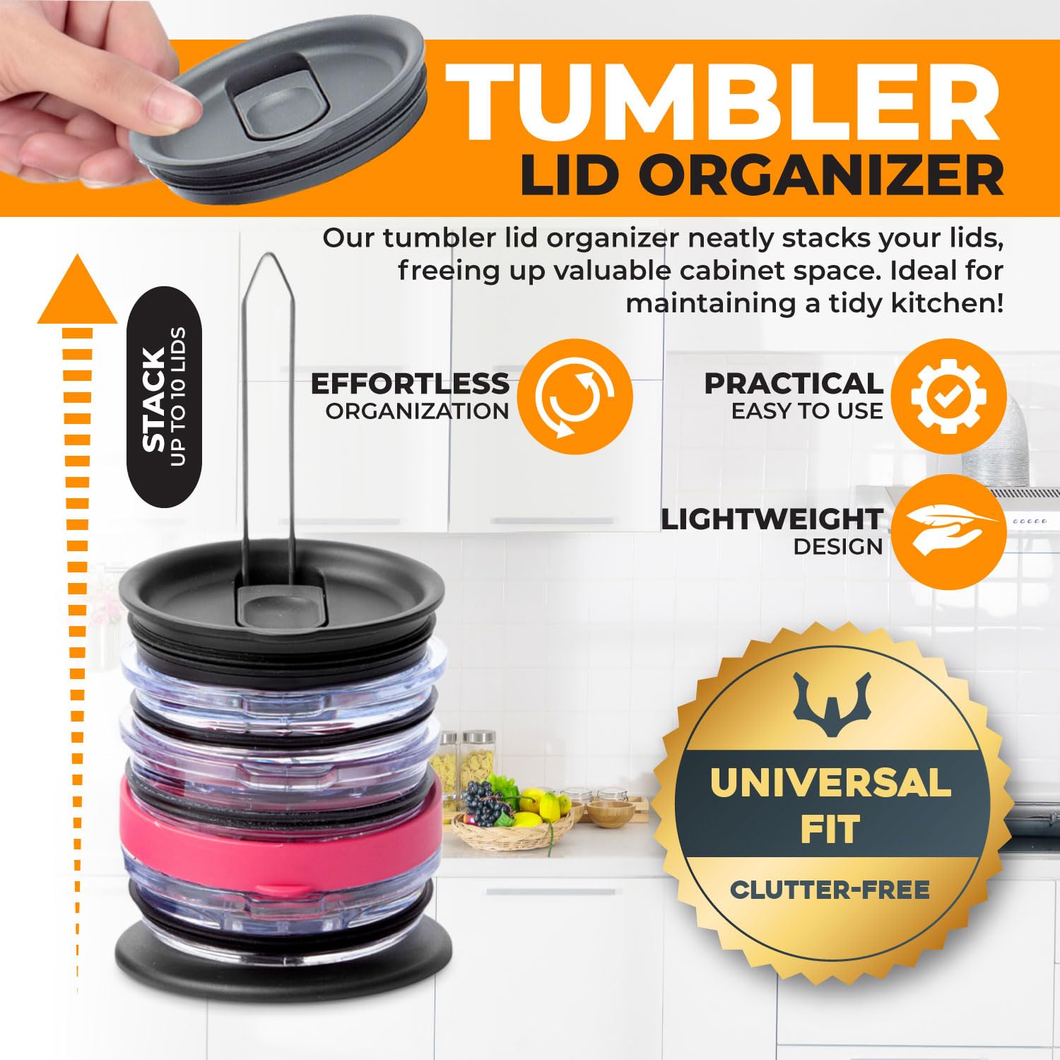 ELYPRO - Revolutionary Tumbler Lid Organizer for Stanley, Yeti Cap Lids- Space-Saving Design - Slim Vertical Storage for Up to 10 Lids , Clutter-Free Kitchen Cabinets and Countertops Organization