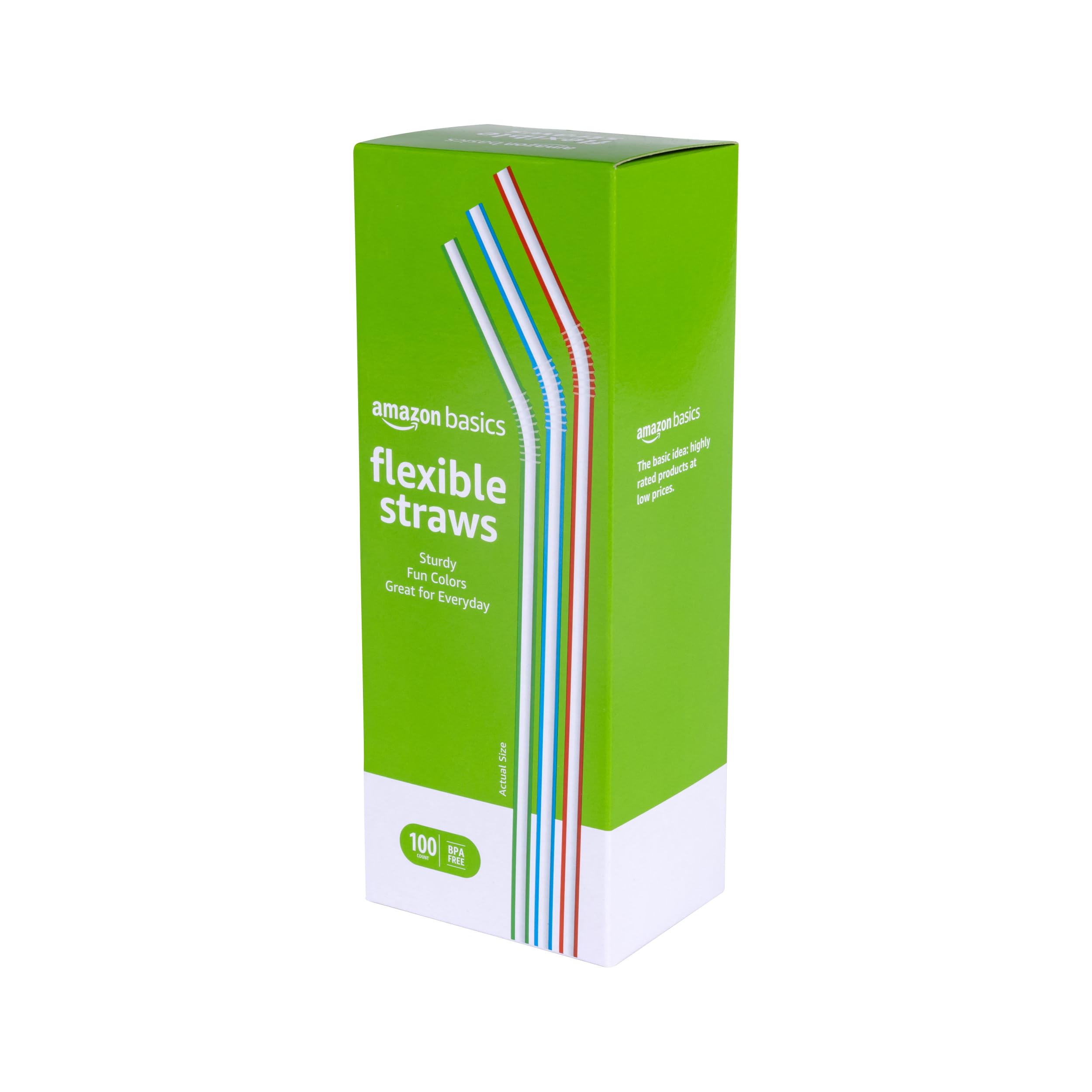 Amazon Basics Disposable Striped Plastic Flex Straws, Assorted Colors, 100 Count, Large Pack