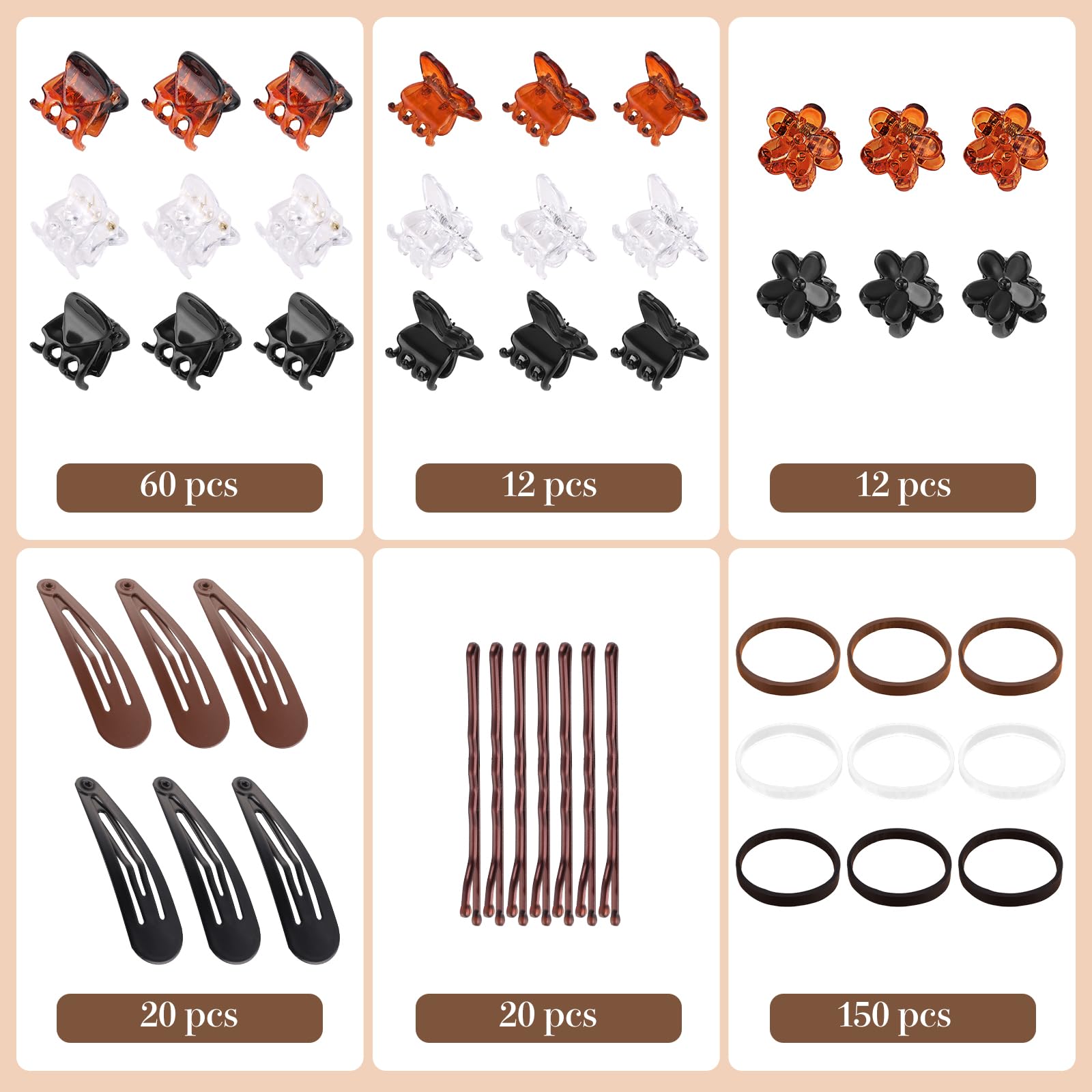 Mini Hair Claw Clips, 274pcs Hair Clips Set for Women, Funtopia Small Hair Clips for Hair Bangs Thin Hair, Tiny Hair Clips with Hair Ties Butterfly Flower Hair Clips for Girls, Black Brown Clear