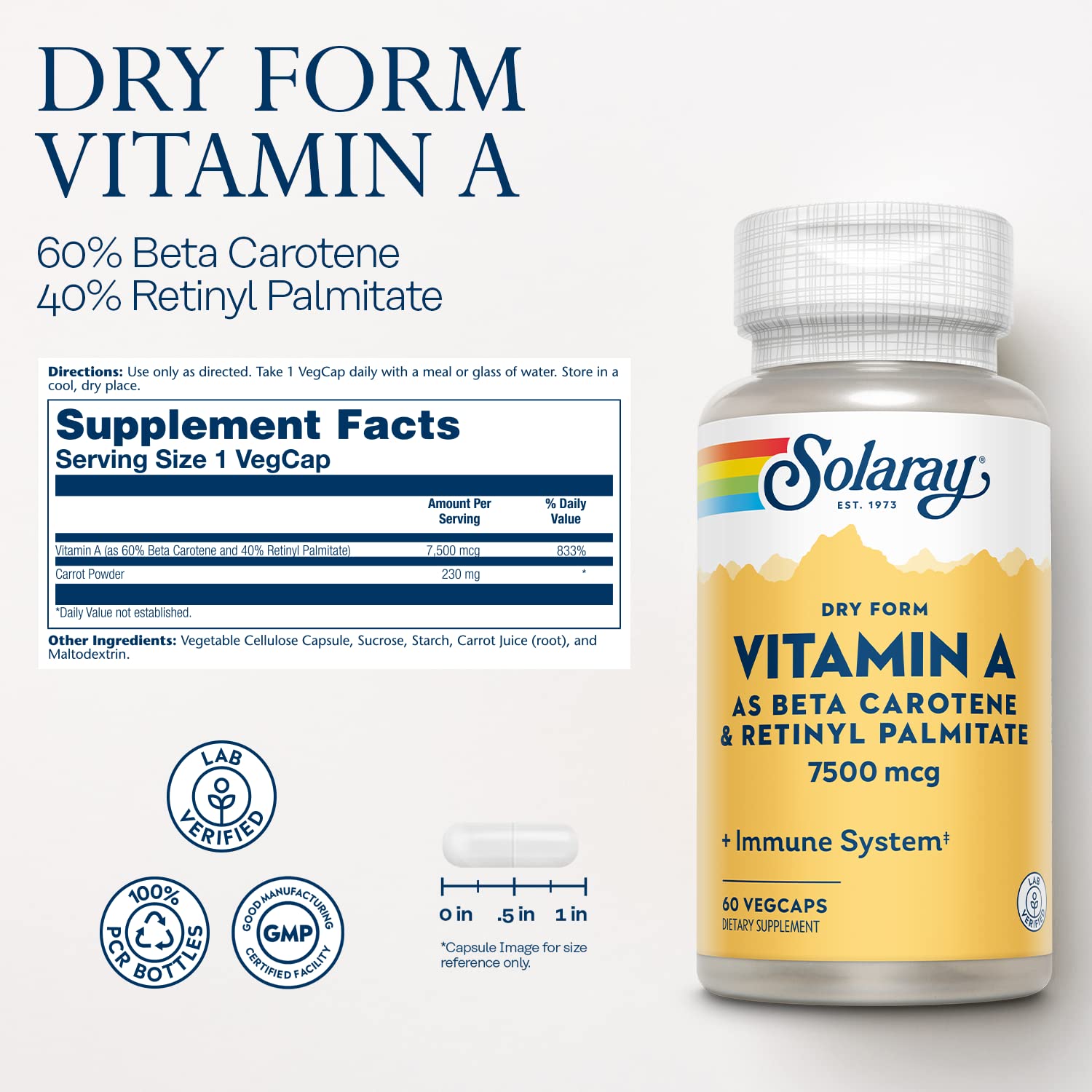 SOLARAY Dry Form Vitamin A - Vitamin A as 60% Beta Carotene and 40% Retinyl Palmitate with Carrot Powder - Eyes, Antioxidant Activity, and Immune System Support - 60 Servings, 60 VegCaps