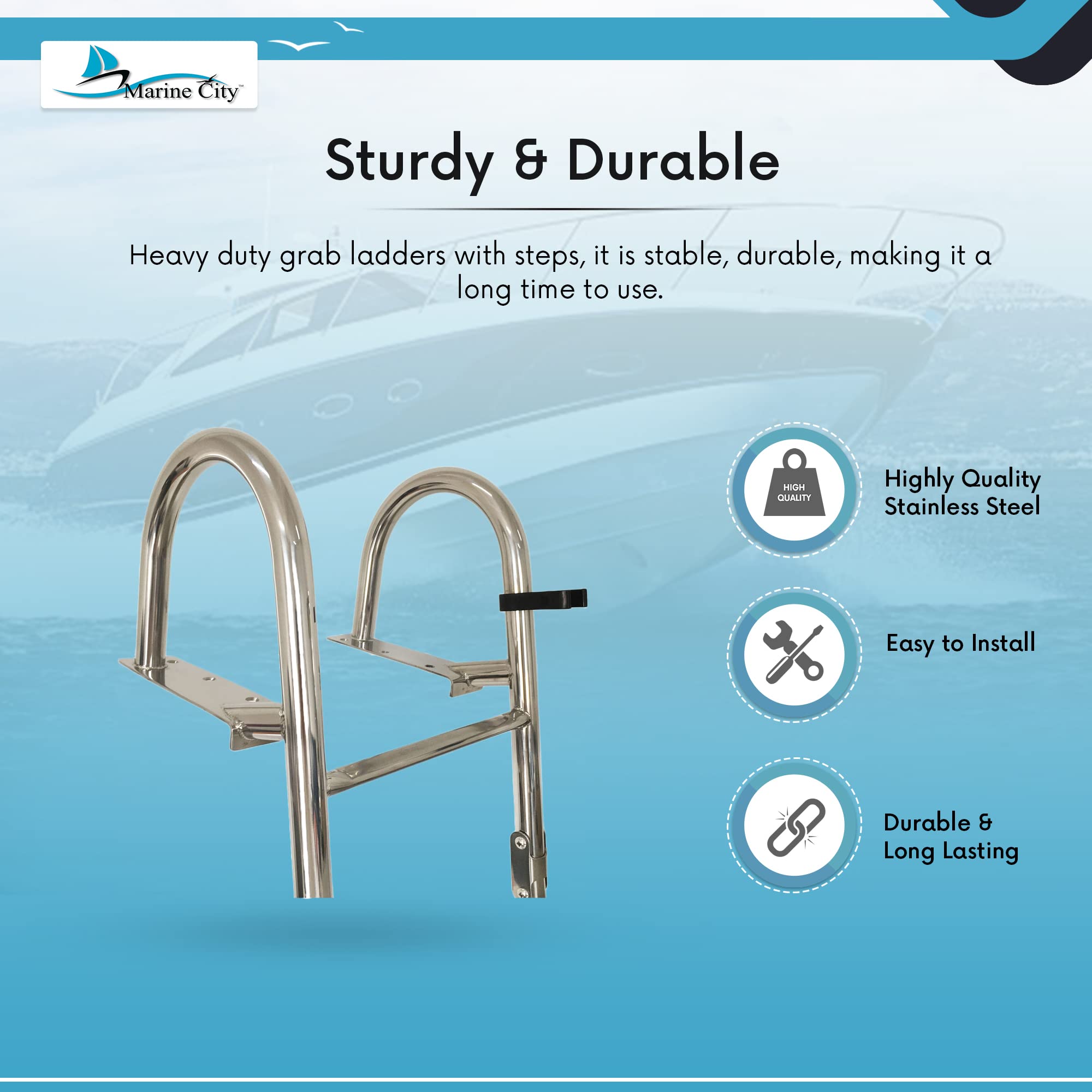 MARINE CITY Stainless Steel Heavy Duty Durable and Sturdy Telescoping Swim Over Platform Boat Ladder with Comfortable Handrails (1 Step+4 Step)