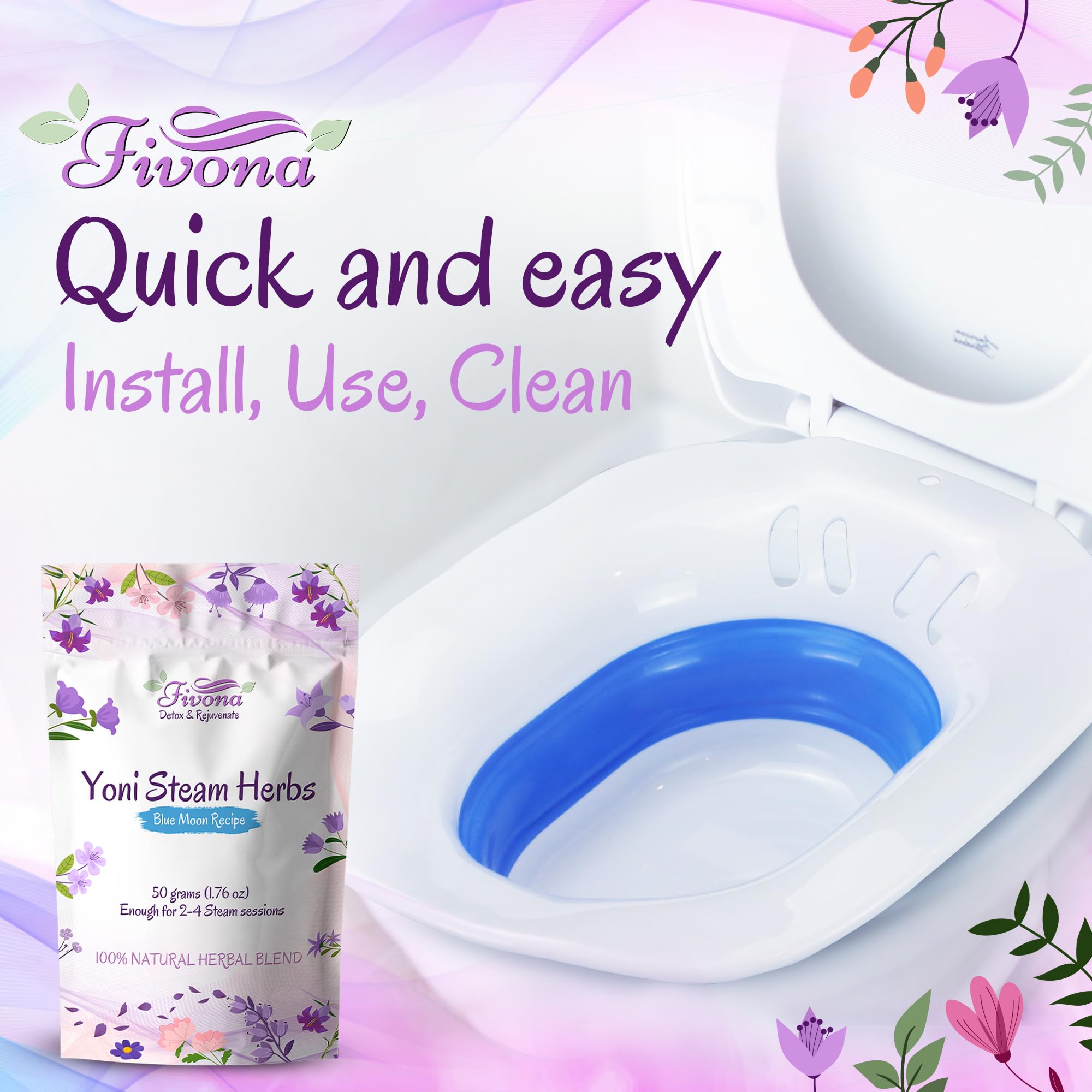 Fivona 2 in 1 Yoni Steam Kit Over The Toilet Seat with V Steam Herbs Blue Moon Recipe for Detox, Cleansing, PH Balance and Odor Control