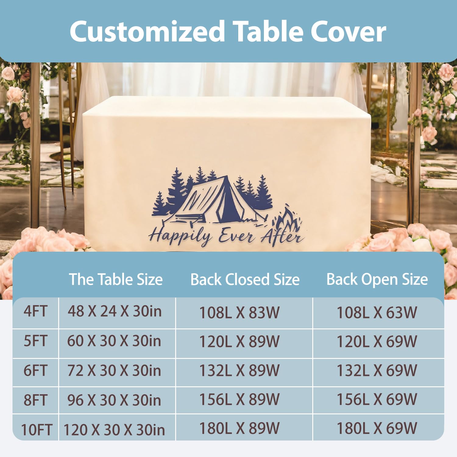 GagetElec Custom Table Cloth with Business Logo - 4FT/5FT/6FT/8FT/10FT Fitted Table Cover, Personalized Tablecloth for Trade Show, Wedding, Birthday, Anniversary & Business Events (4FT Open Back)