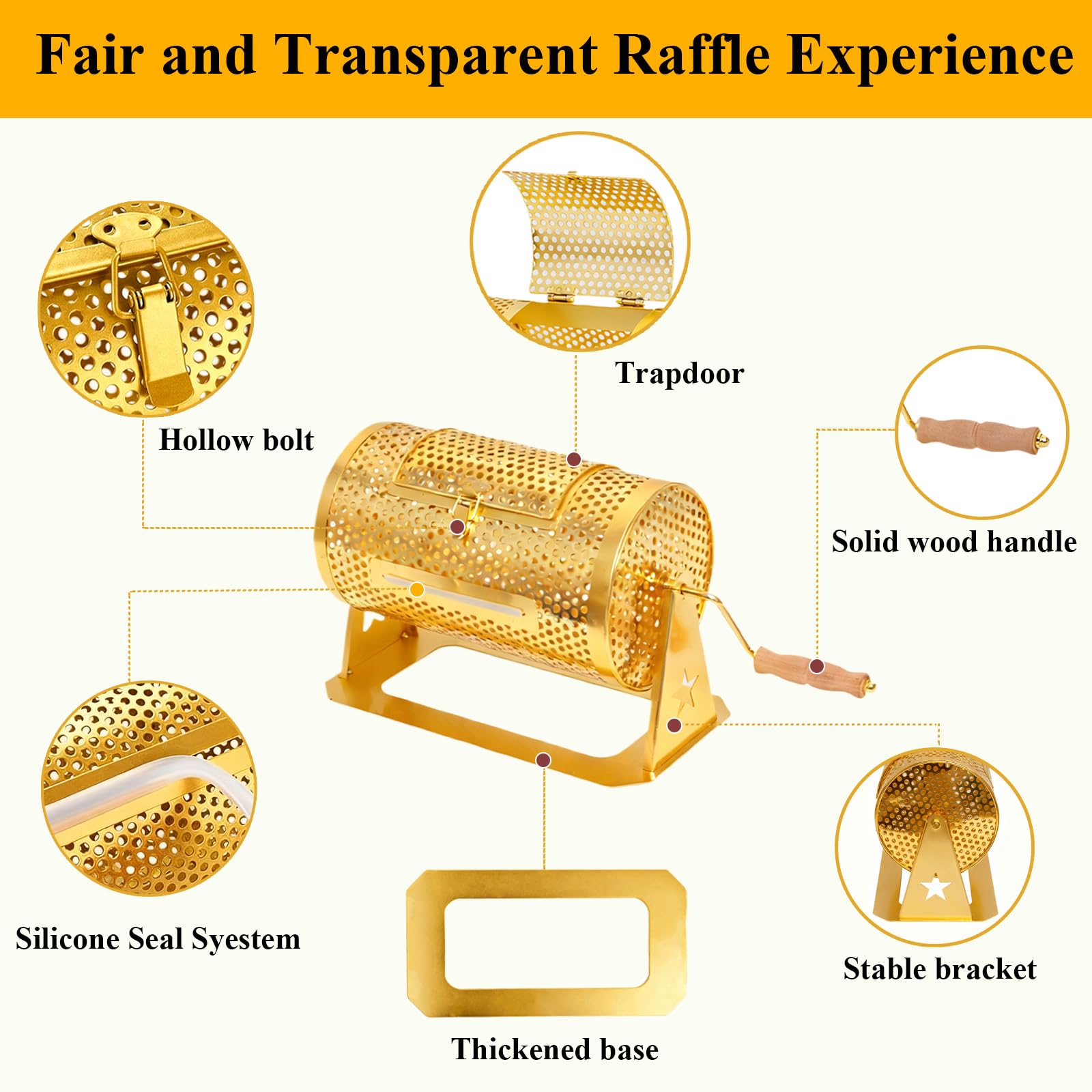 AMOEJOV Raffle Drum, Professional Raffle Ticket Spinning Cage,Thickened Metal Raffle Ticket Spinner Box with Sealing Tape, Silent Design Wooden Turning Handle.for Lottery Games, Bingo, Raffle Balls