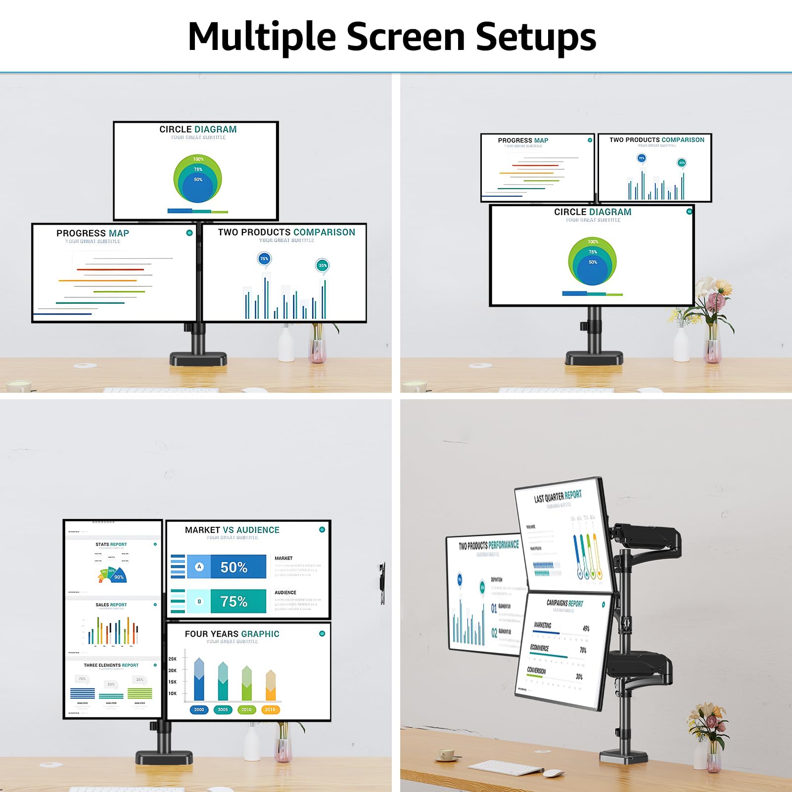 MOUNTUP Triple Monitor Mount Holds 4.4-17.6lbs, Up to 32 Inch Monitor Stand for 3 Monitors, Triple Monitor Stand with Gas Spring Arm with Clamp/Grommet Base VESA 75x75/100x100 MU6013A