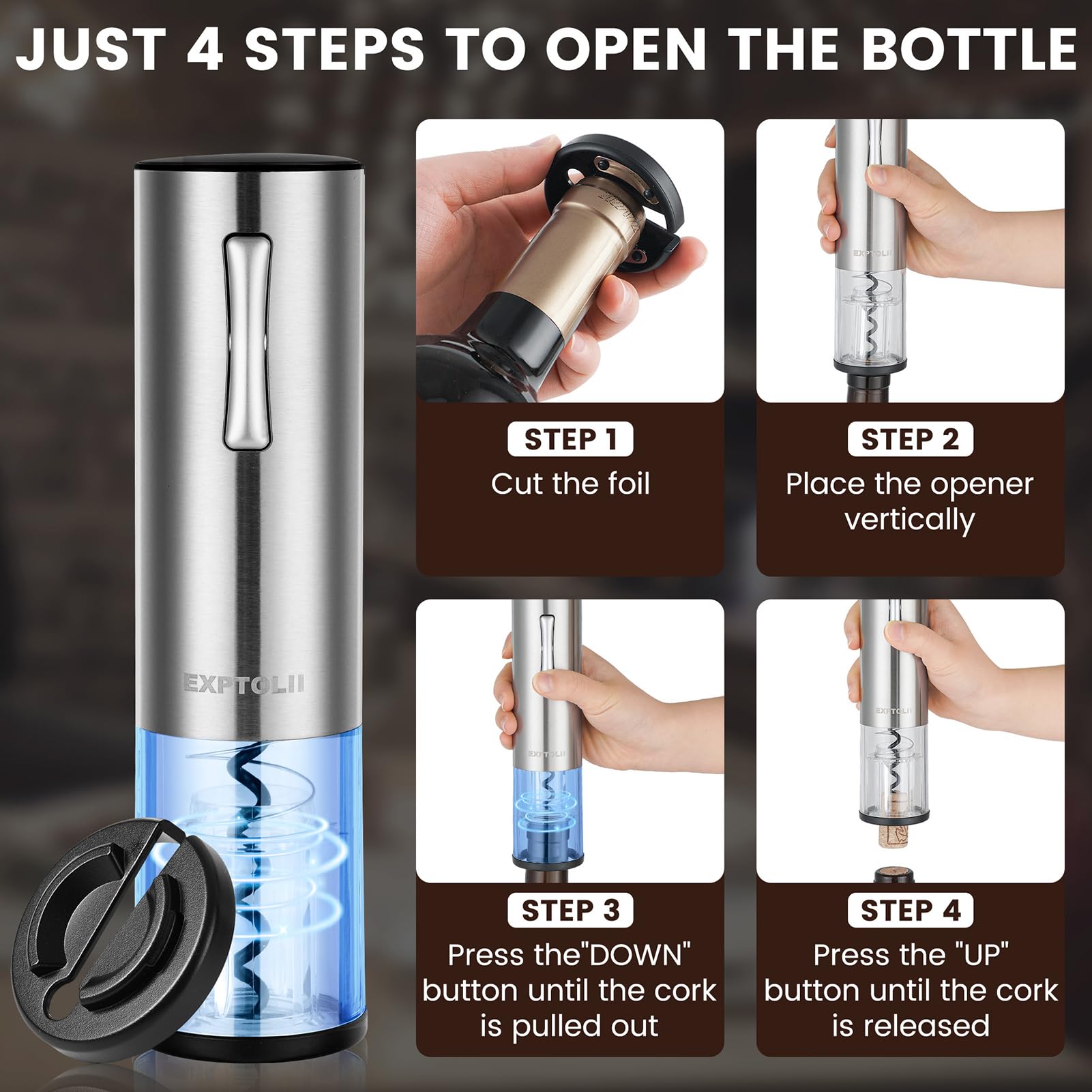 Electric Wine Opener Gift Set - Rechargeable Wine Bottle Opener, Wine Aerator, Vacuum Stoppers, Foil Cutter for Home Bar and Outdoor Parties