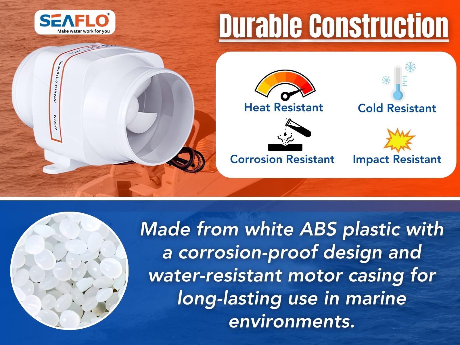 SEAFLO 4" In-Line Marine Bilge Air Blower 12V 270 CFM Quiet Boat White