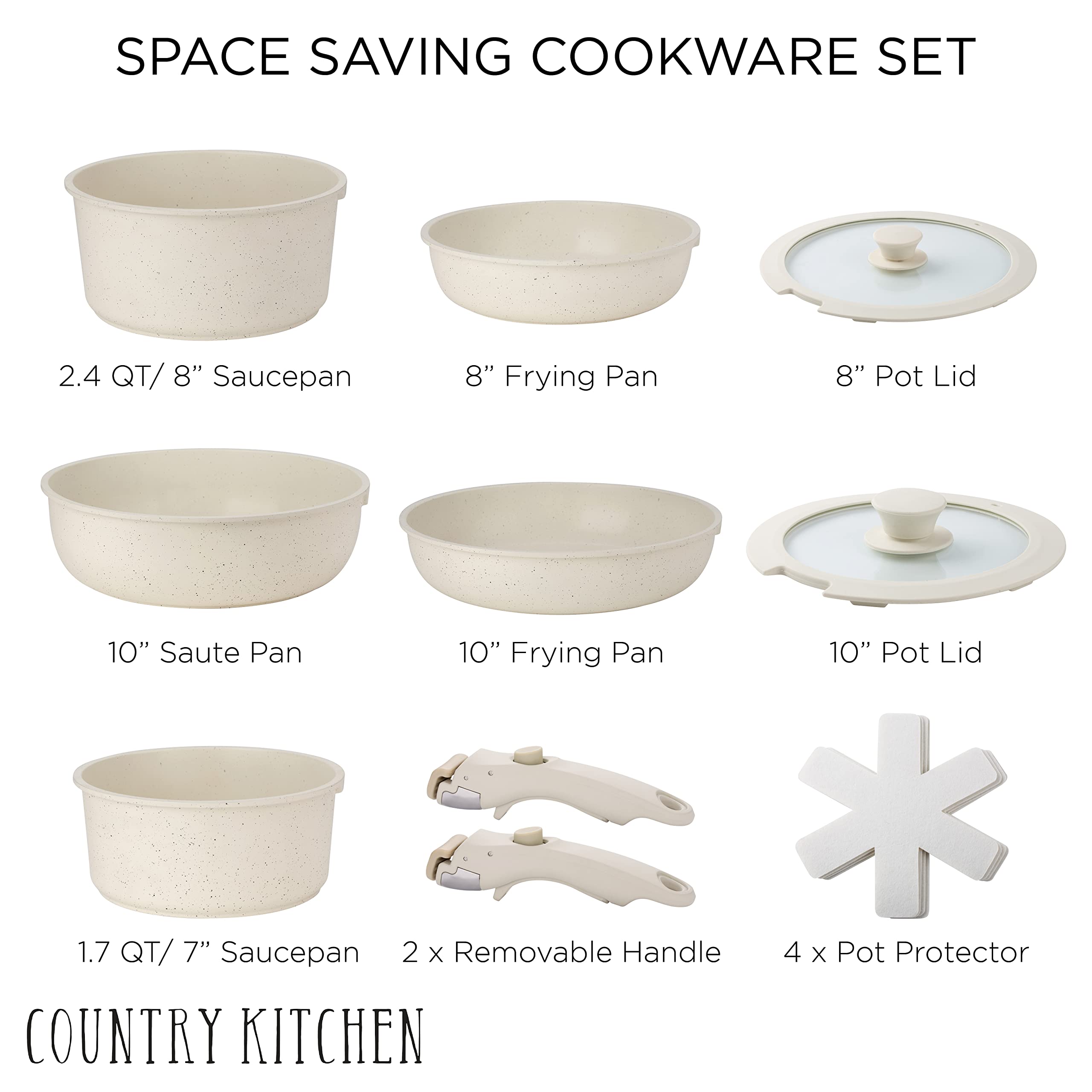 Country Kitchen 13 Piece Pots and Pans Set - Safe Nonstick Kitchen Cookware with Removable Handle, RV Cookware Set, Oven Safe (Cream)