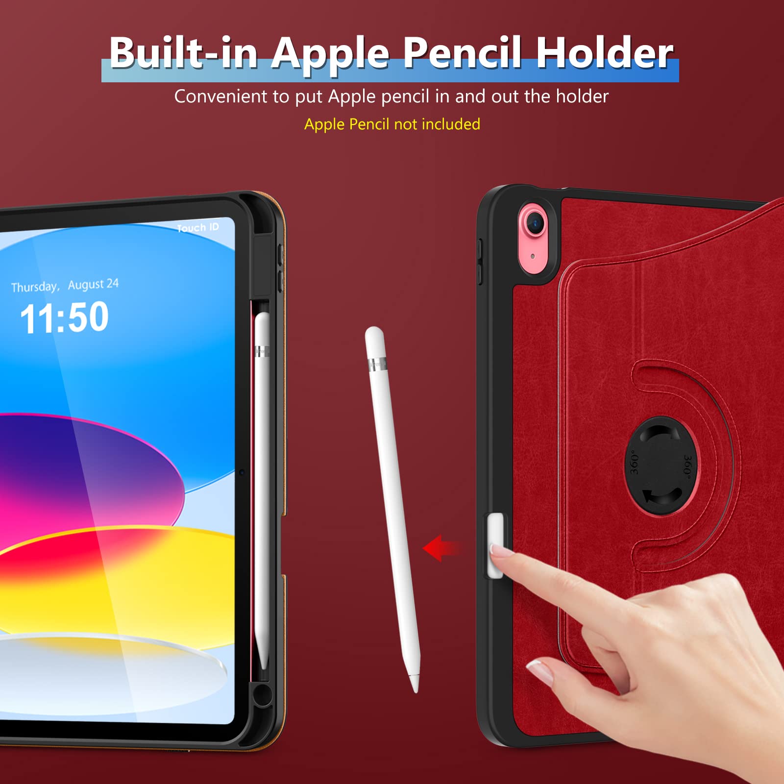 DTTO Rotating Case for iPad 10th Generation 10.9 Inch 2022, 360 Degree Rotating Premium Leather Folio Stand Protective Cover with Pencil Holder - Auto Wake/Sleep and Hand Strap, Red