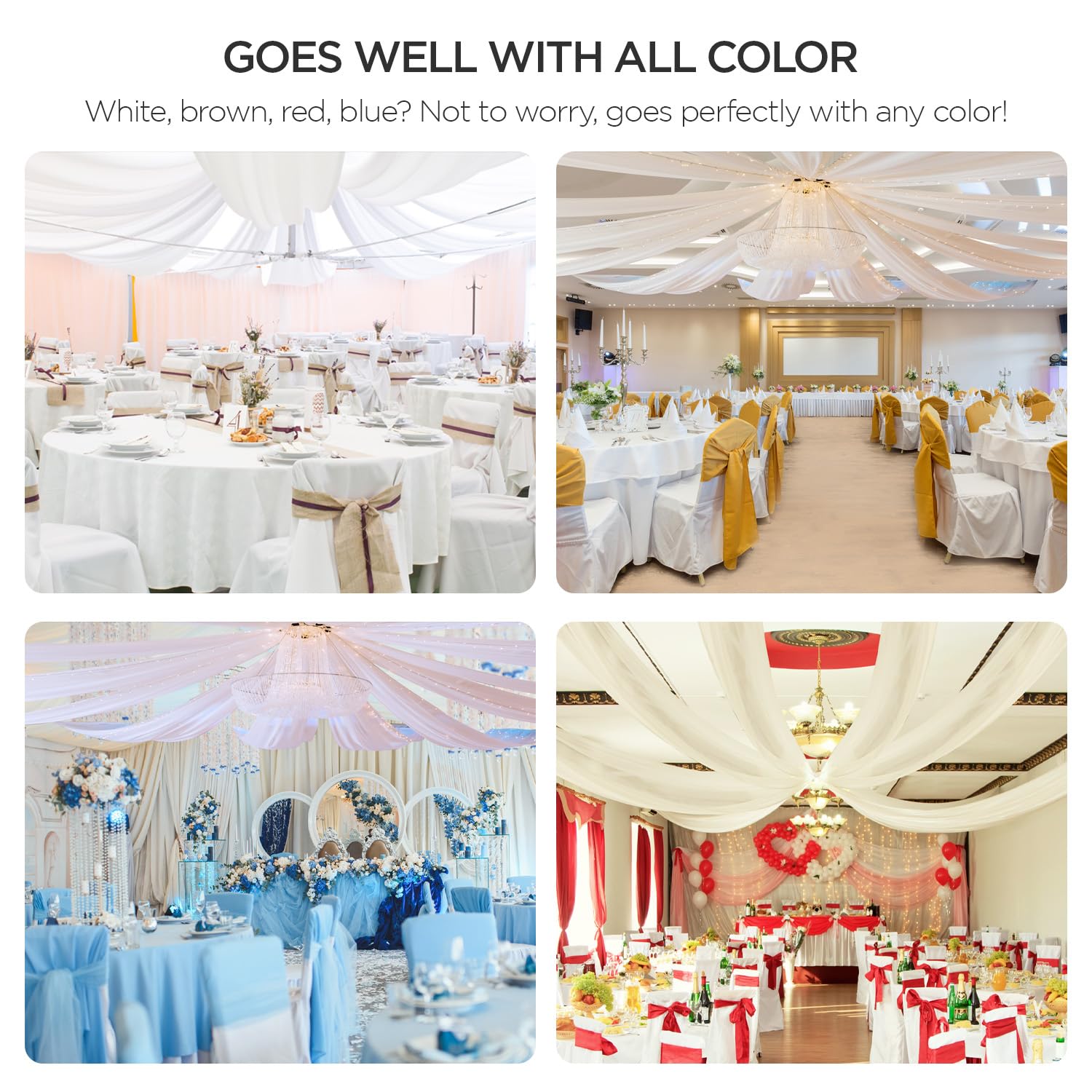 boldworks Ceiling Drapes Hanging Kit with Hoop and 6 Panels 5ftx10ft White Draping Fabric for Wedding Sheer Chiffon Ceiling Drapes for Weddings Arch Decorations Party Events Tent Drapery