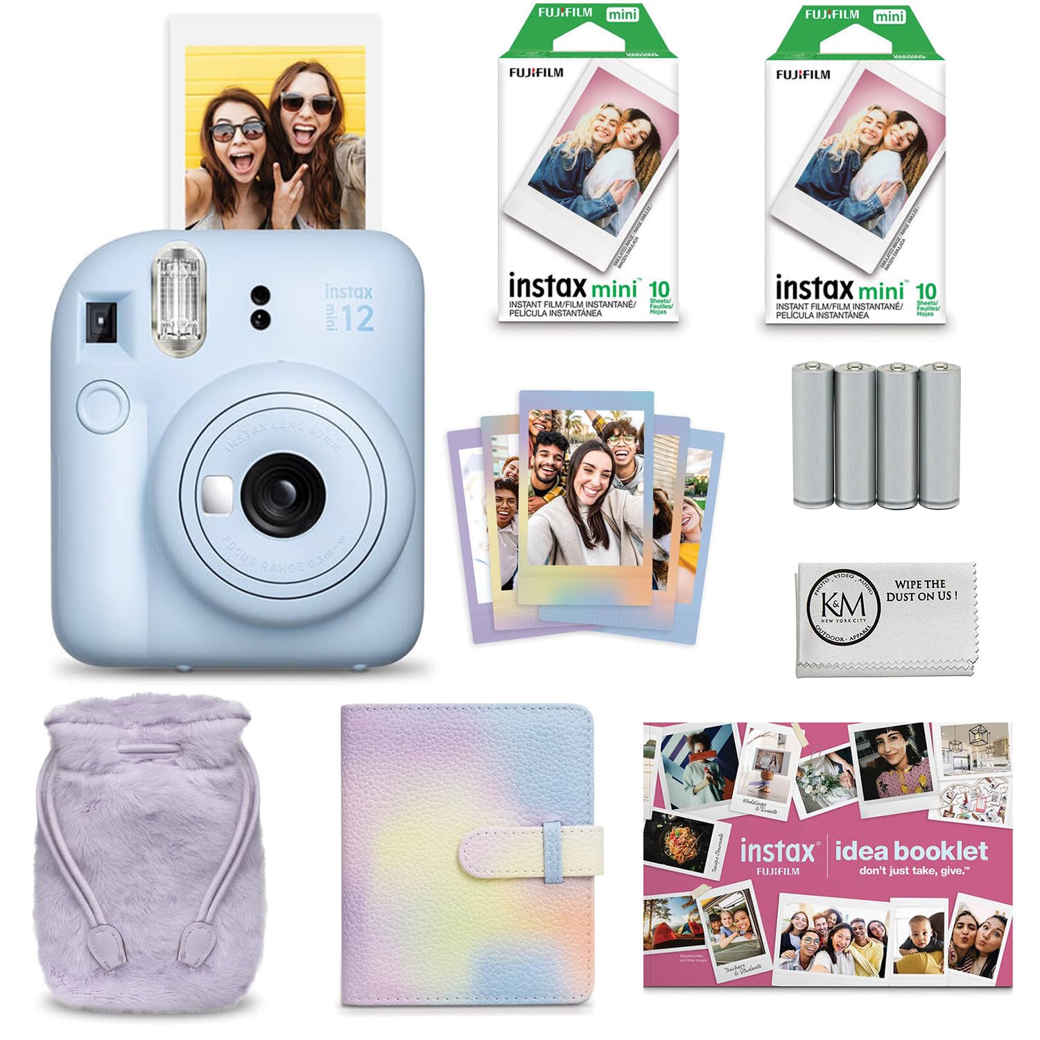 Fujifilm INSTAX MINI 12 Instant Film Holiday Camera Bundle (Pastel Blue) with Instax Mini Film (10 exposures) + Four AA Batteries & Cleaning Cloth (9 Items)