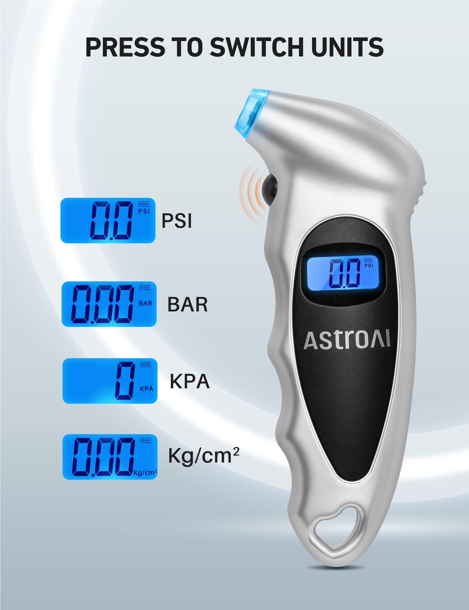 AstroAI Tire Pressure Gauge Digital 0-150PSI (Accurate in 0.1 Increments), 4 Units Stocking Stuffers for Car Truck Bicycle with Backlight LCD and Presta Valve Adaptor, Sliver