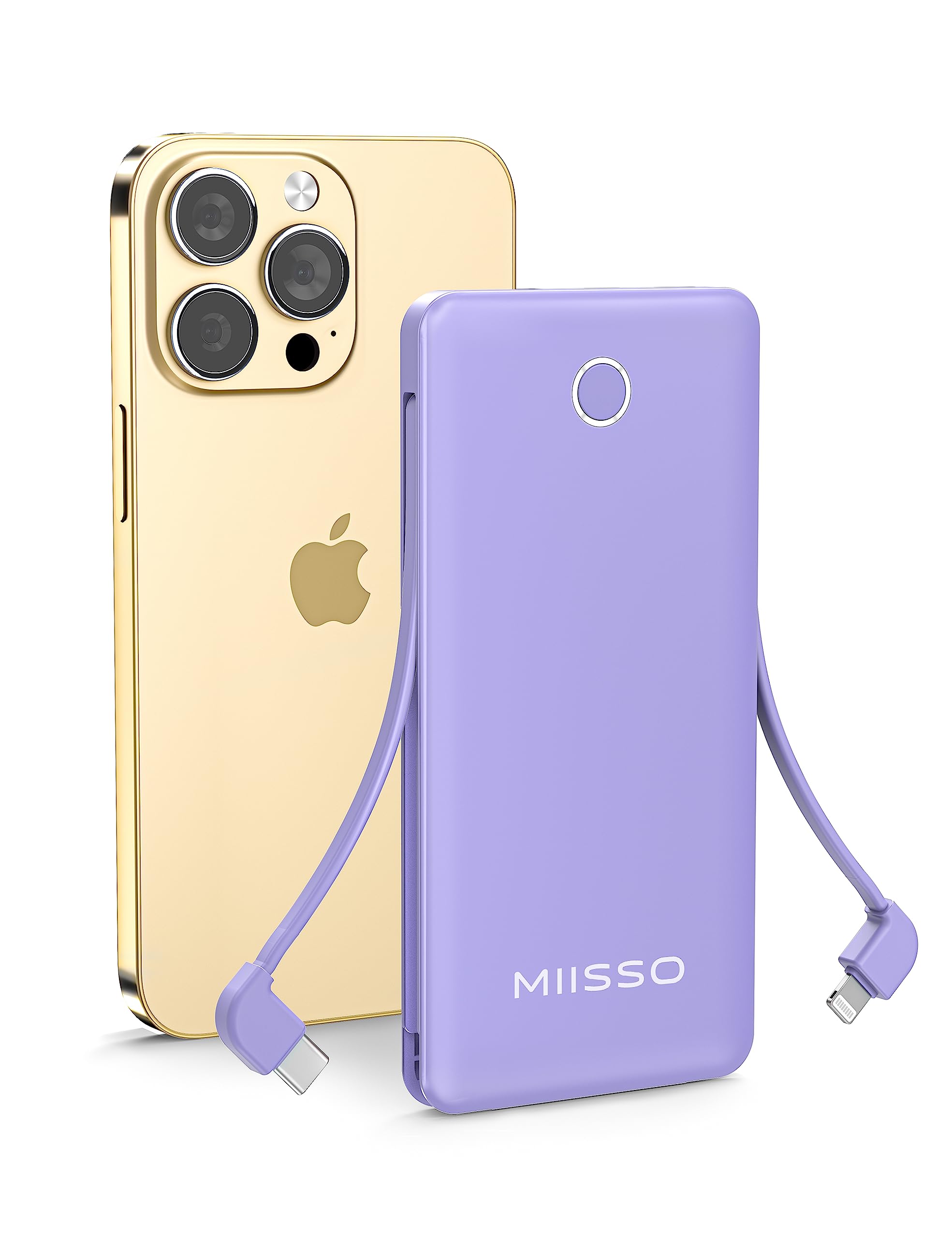 10000mah Slim Portable Charger with Built in Cable, Power Bank Travel Phone Charger External Battery Pack for Phone, 4 Output USB Type C Cord Clutch Charger Compatible with iPhone, Heated Vest, Purple