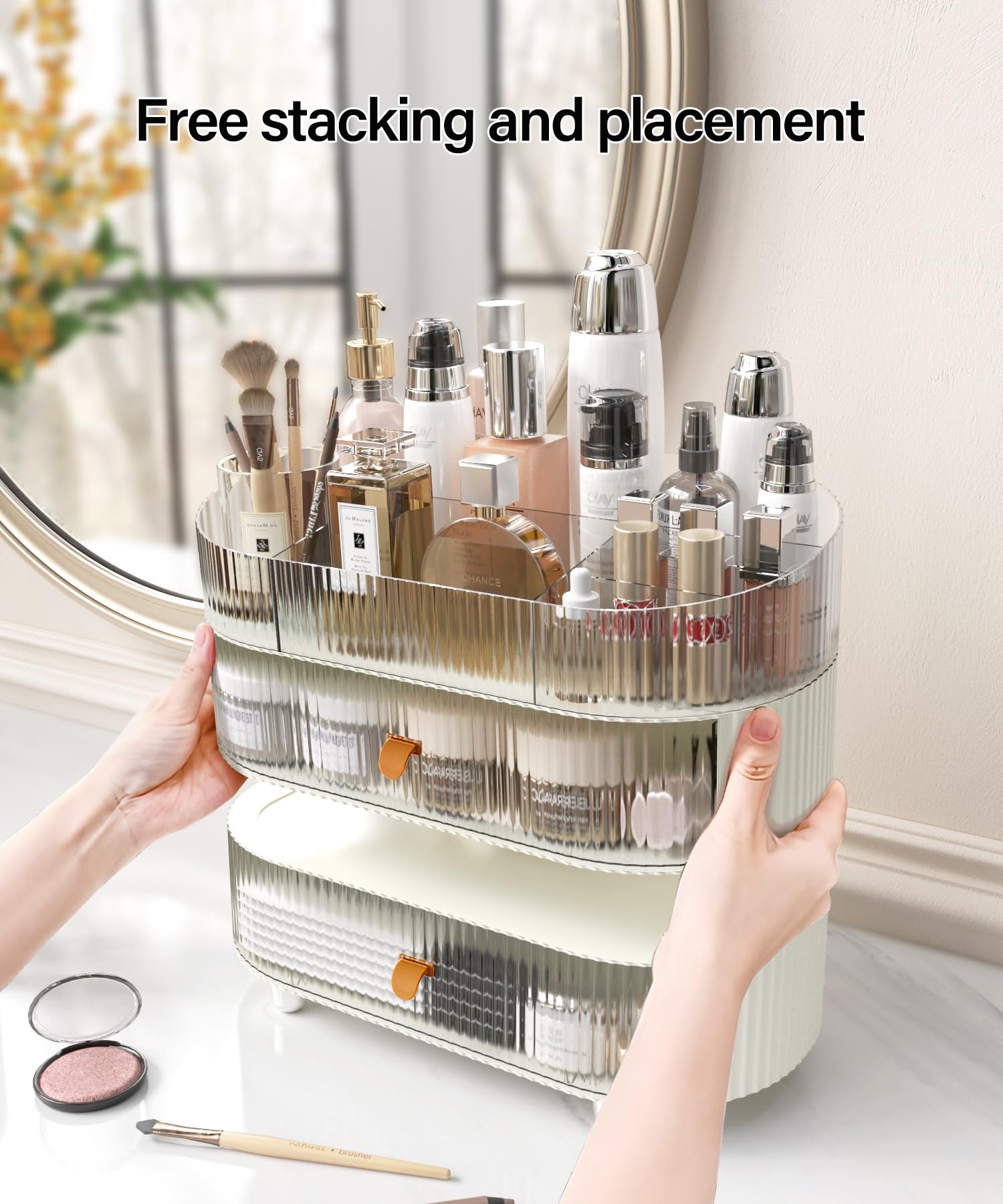 MEAJIO Makeup Organizer with 2 Drawers and 1 Clear Tray, Stackable Cosmetic Organizers and Skincare Storage box for Vanity and Countertop