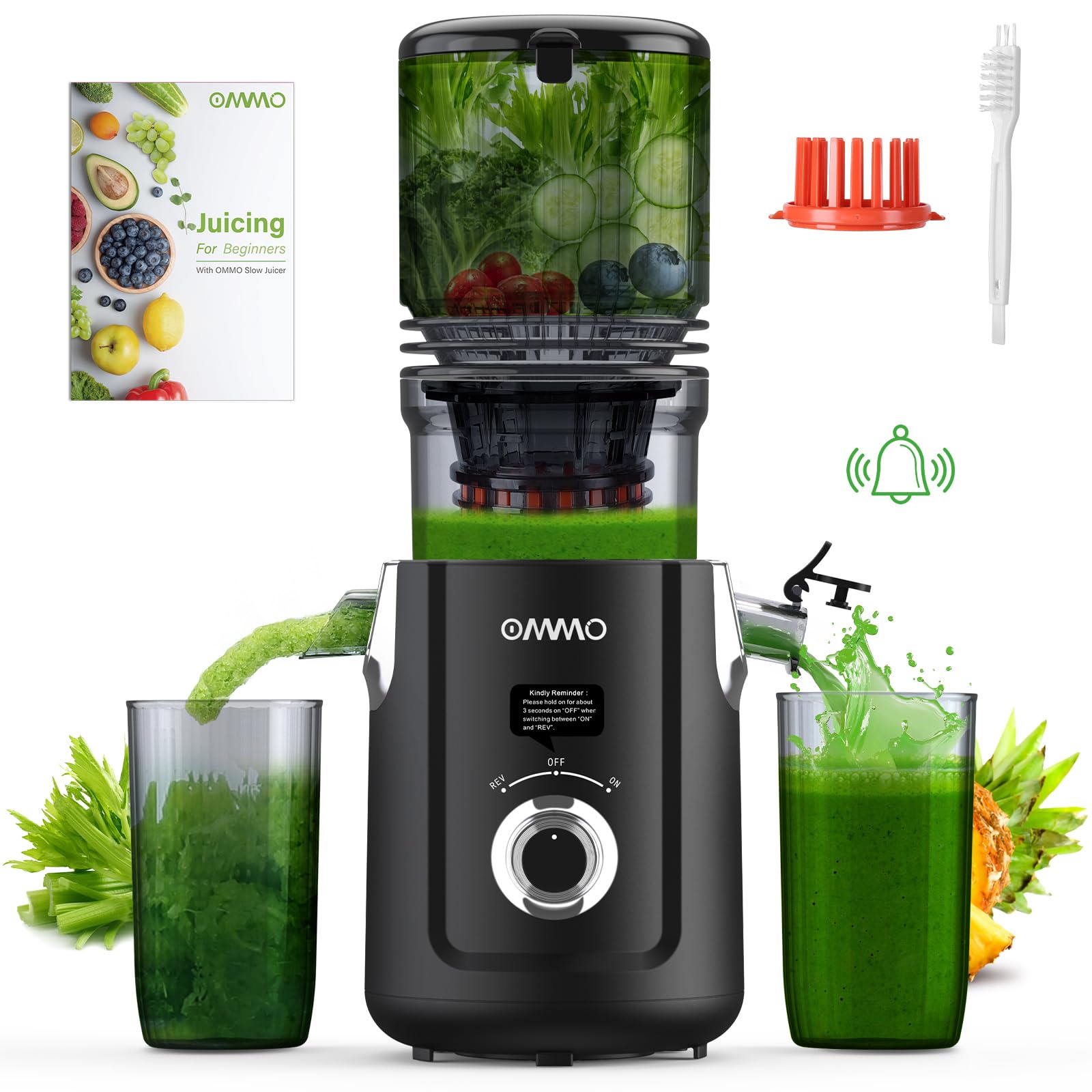 OMMO Cold Press Juicer Machines : 5.1" Wide Feed Chute Slow Masticating Juicer for Whole Fruits & Vegetables, Easy to Clean, High Juice Yield, BPA Free, Black