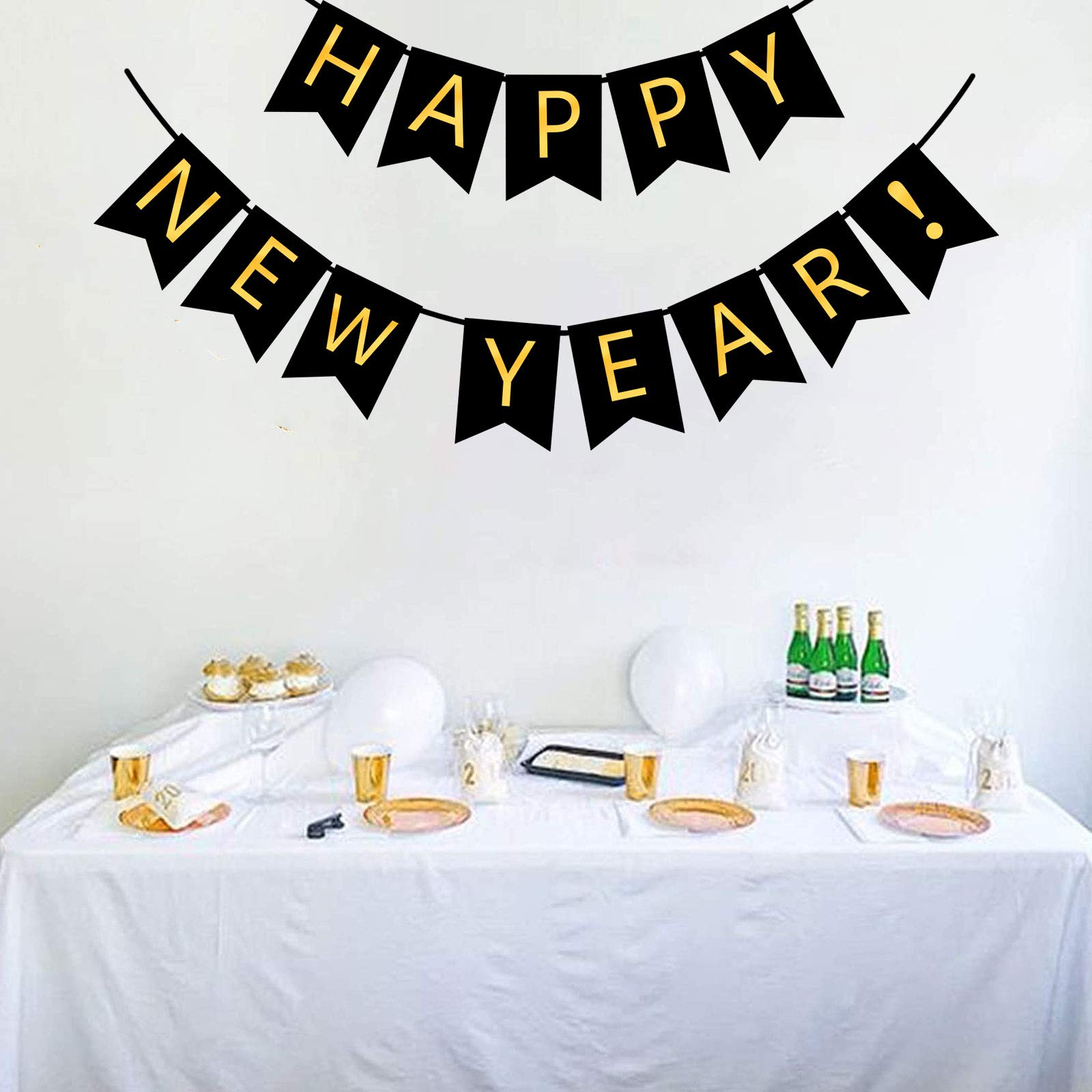 FECEDY Happy New Year Banner Black Bunting with Gold Alphabet for New Year Party Supplier Eve Party Decorations