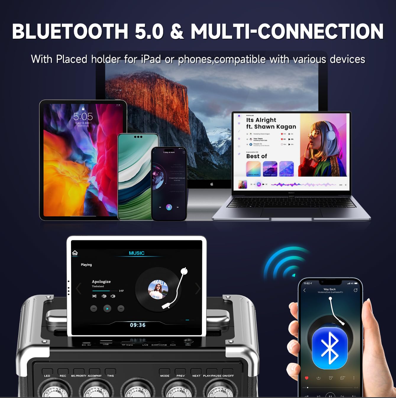 Karaoke Machine with 2 Microphones: HWWR Portable Karaoke Machine for Adults Kids, Bluetooth Karaoke Speaker with Bass/Treble Adjustment, PA System with Remote Control/LED Lights, Support REC/USB/AUX