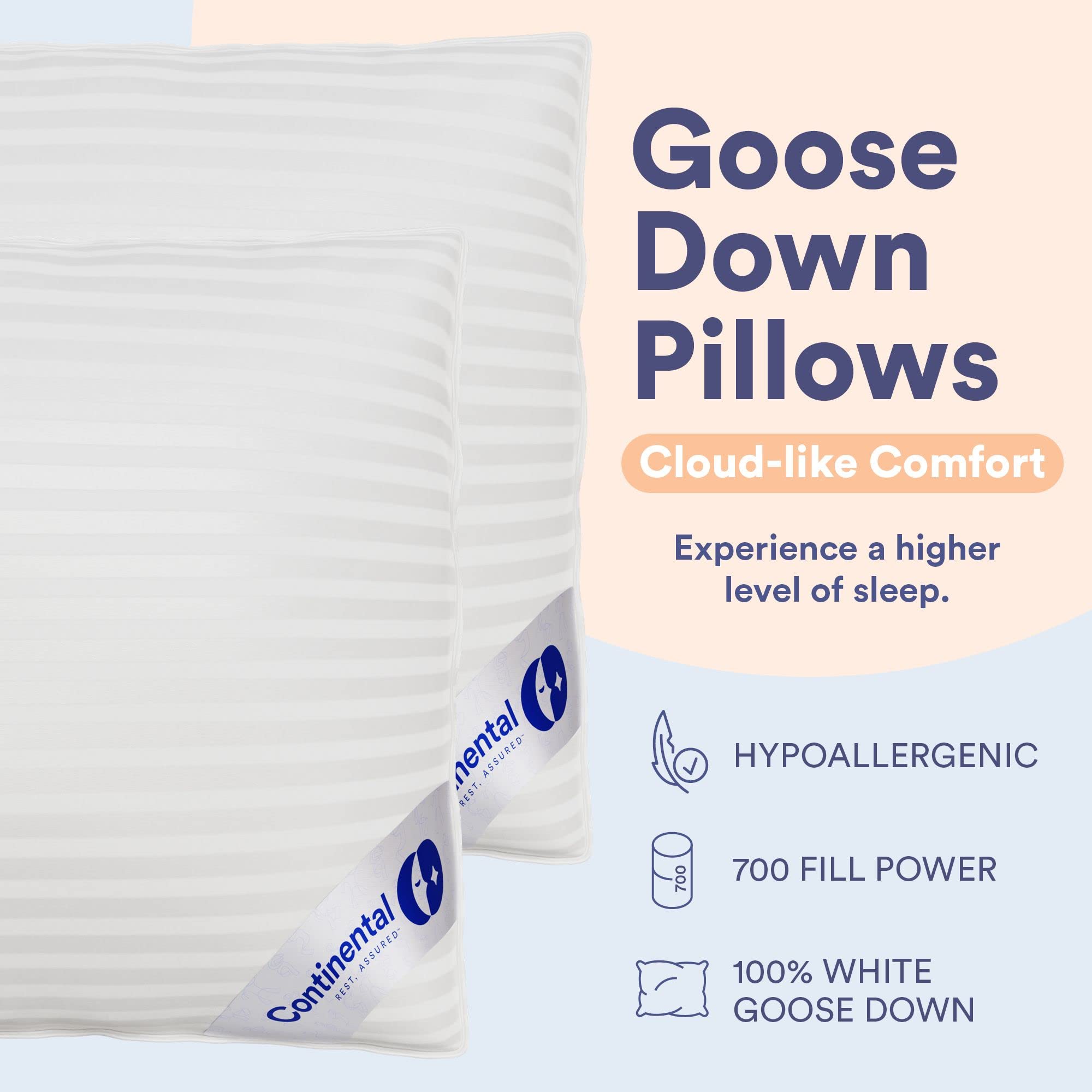 Continental Bedding | Serenity Goose Down Pillow | 700 Fill Power Hungarian White Down | 400TC Cotton Damask Shell | Made in USA | Firm, Queen (Pack of 1)
