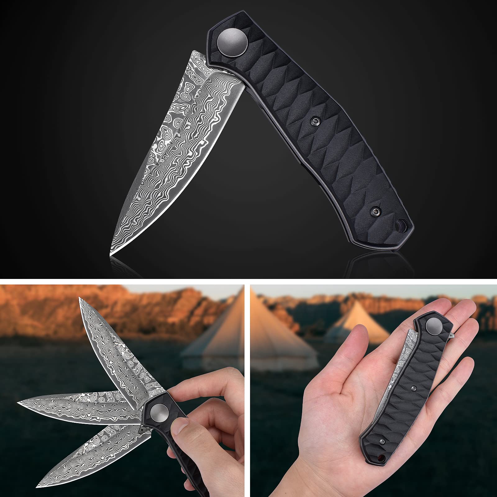 AUBEY Damascus Pocket Knife for Men with Clip EDC, 3.23" VG10 Core Damascus Steel Blade Folding Knife with Black Aluminum Handle, Sharp Camping Knife