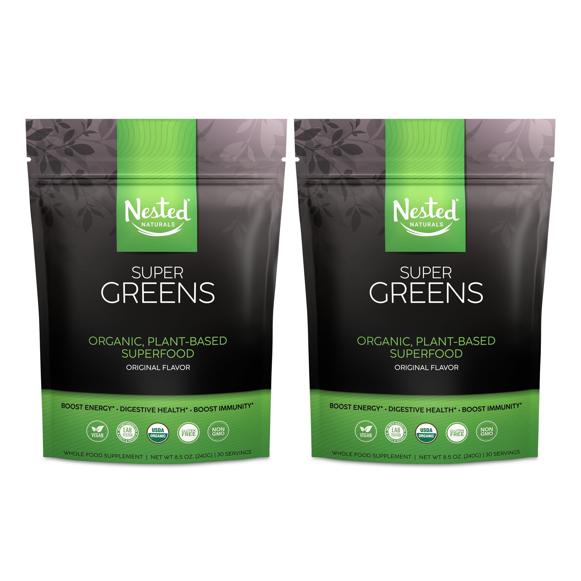 Super Greens Daily Greens Superfood Powder - Certified USDA Organic Green Powder w/20+ Whole Foods, Spirulina Powder, Wheat Grass - Probiotics, Fiber & Enzymes - Original Refill 2-Pack, 60 Servings