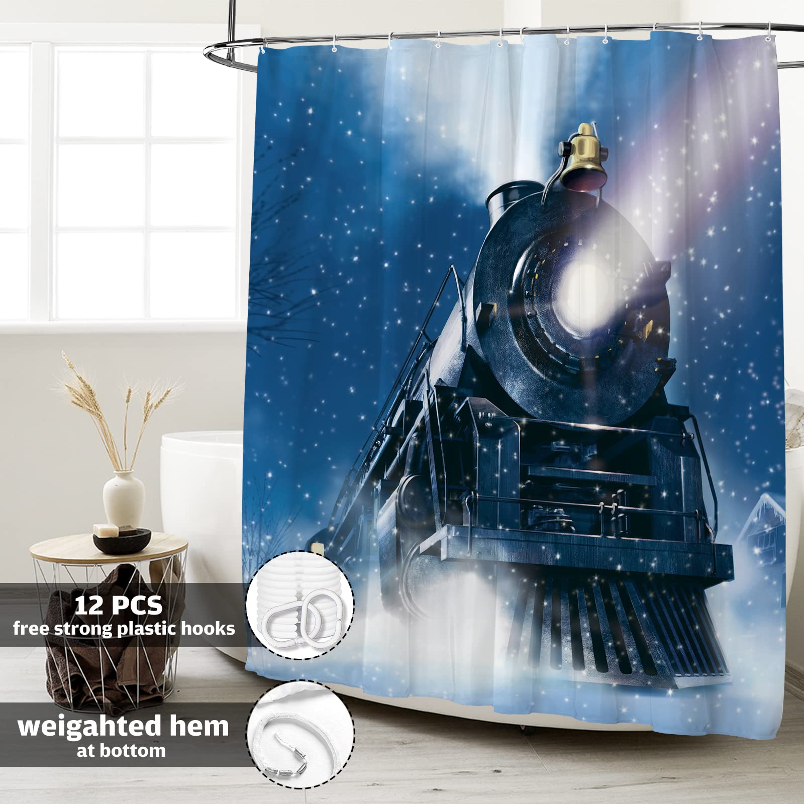 Seasonwood Winter Christmas Night Train Shower Curtain Set with 12 Hooks Wonderland Railway Polar Express Retro Bathroom Bathtubs Decor Waterproof with Washable Durable Polyester Fabric 72"x72"