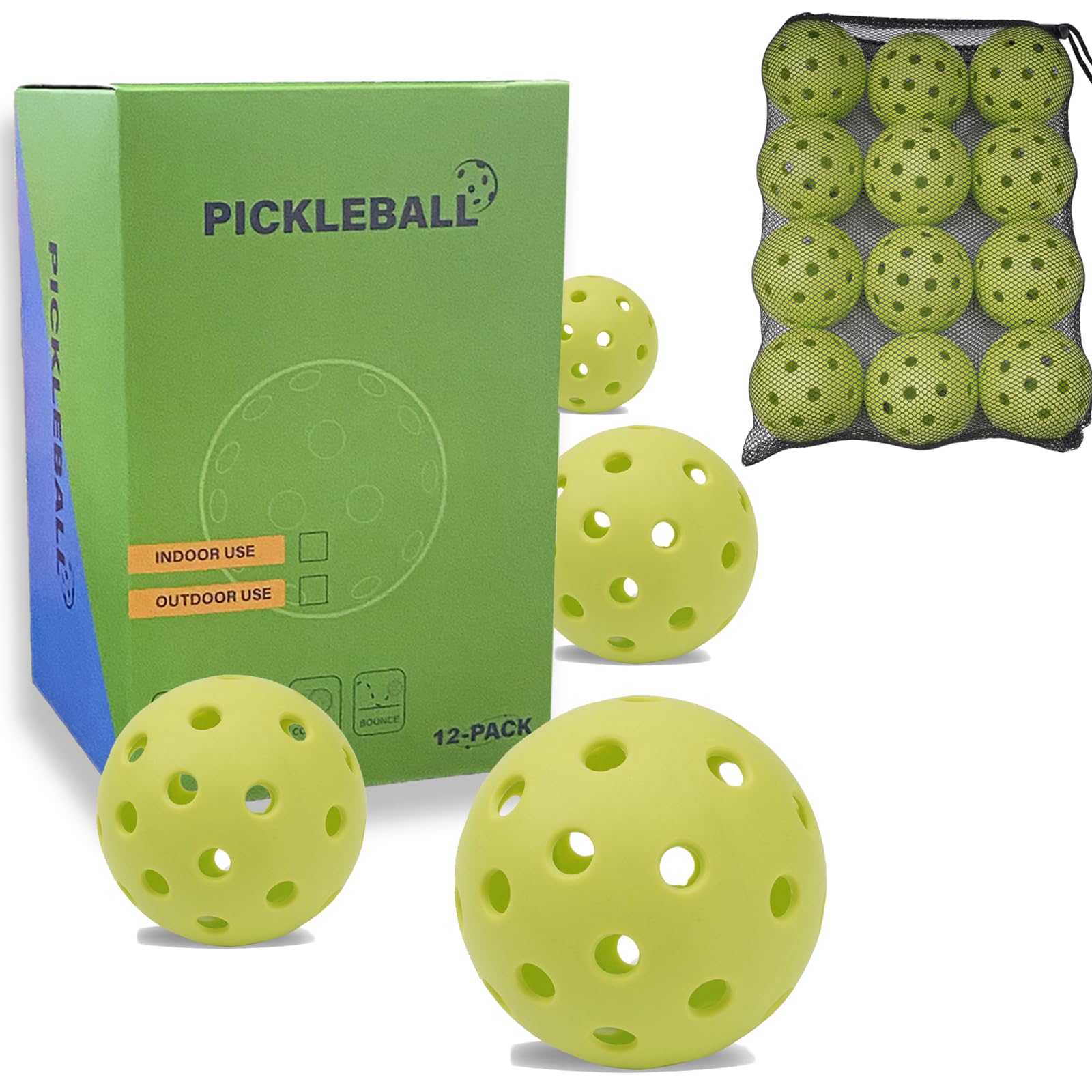 XHYNRT Outdoor Pickleball12-Pack 40 Holes Balls with Mesh Bag,High Resilience and Durability Green Pickleball Balls，Applies to All Styles of Pickleball Paddles