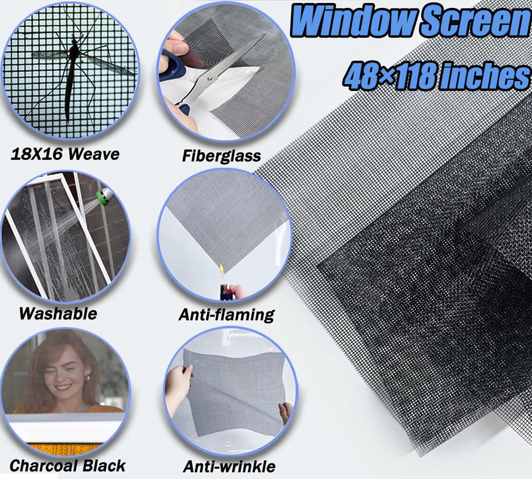 Window Screen Door Repair Kit, King&Charles Include Window Screens 48"x118"+ 2 Roller+50Ft Spline+8Clips+Hook, 6 in 1 Window Screen Replacement, Black Window Screen Mesh, Steel/Nylon Bearing Roller